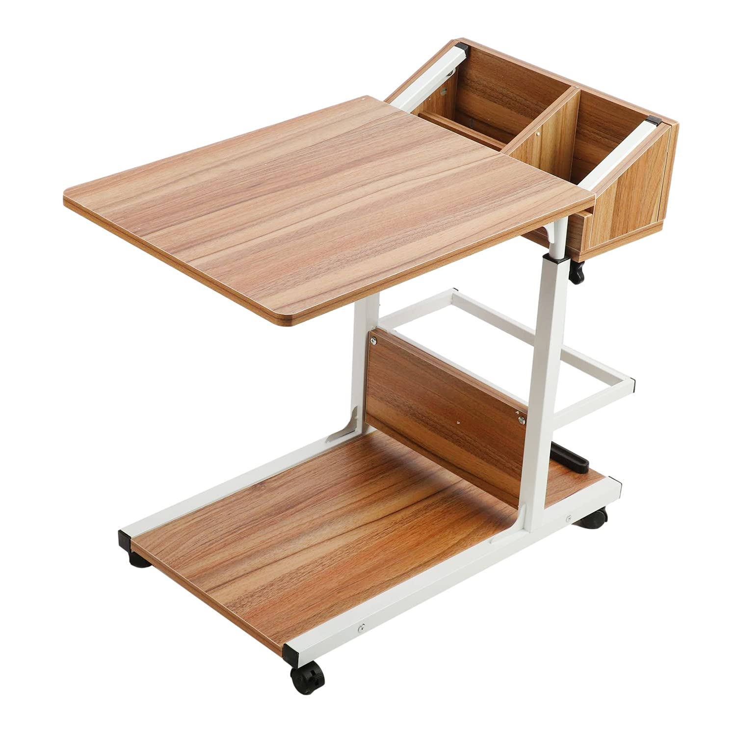 Adjustable Height Rolling Side Table with Wheels & Storage Shelves - Mobile Couch Snack Table, Wooden End Table for Living Room, Bedroom - Perfect for Laptop Use, Snacks & Drinks While Relaxing on Sofa or Bed