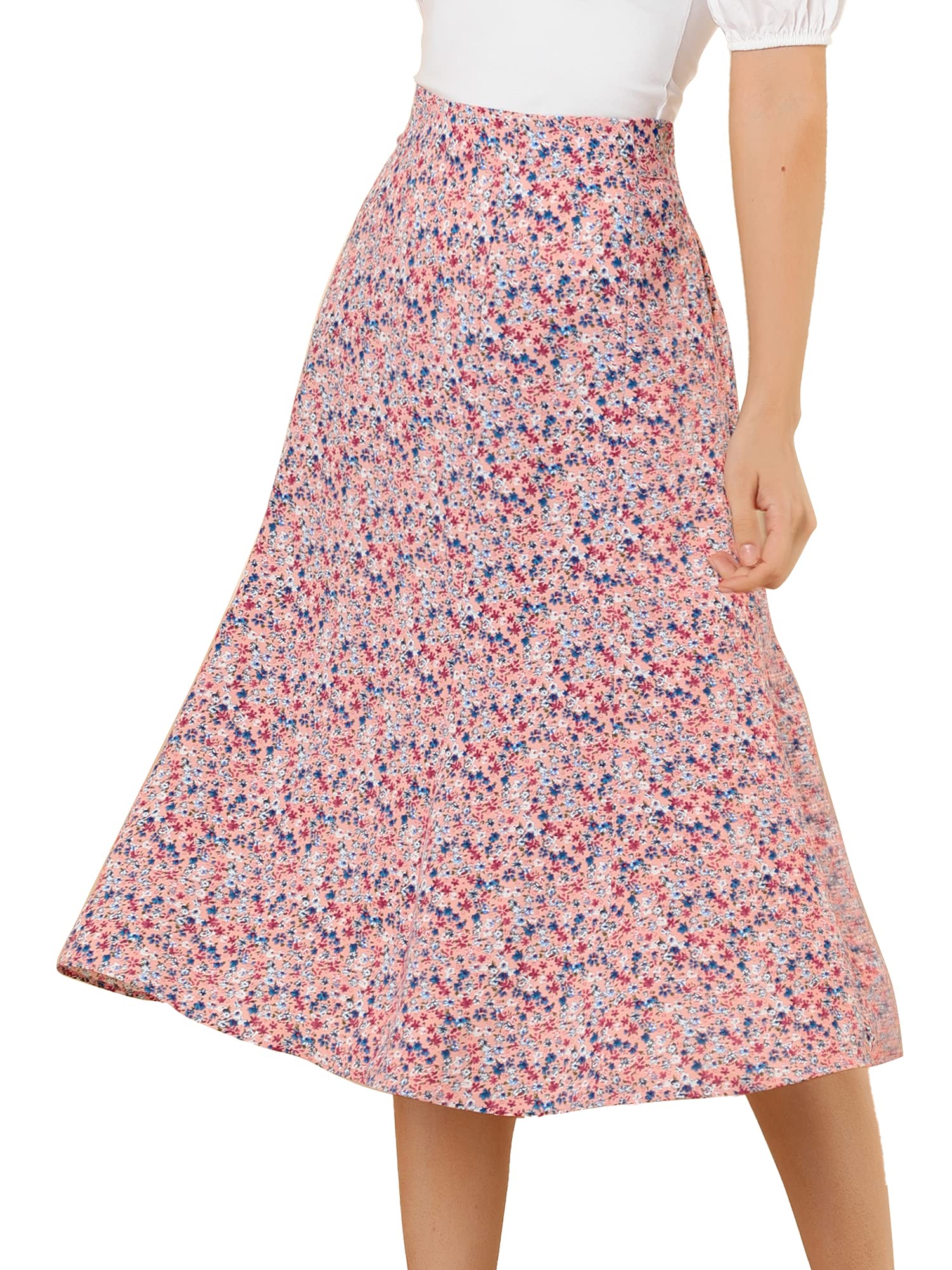 Allegra K Women's Floral Midi Skirt - Peasant Style with Elastic Waist, A-Line Cut, Ditsy Leaf Print - Perfect for Summer Outfits, Boho Chic Style & Casual Occasions
