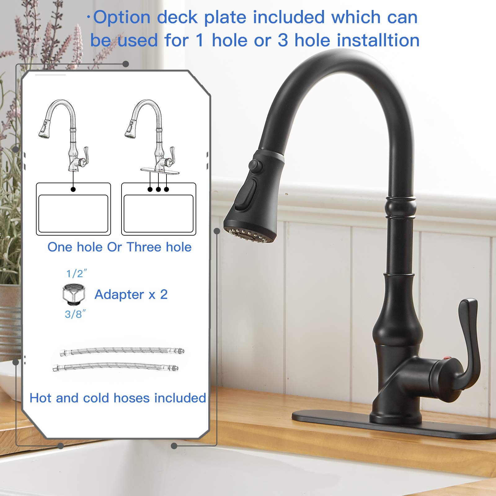 Matte Black Pull-Out Sprayer Kitchen Faucet - 3 Spray Modes, Single Handle Gooseneck Design, High Arc Farmhouse Sink Faucet with Deck Plate | Perfect for Commercial Bars & Modern Kitchens
