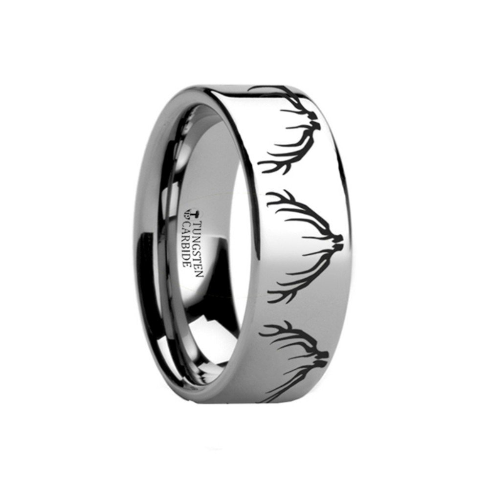ELK ANTLER Rack Deer Print Tungsten Wedding Band - 6mm Wide Flat Ring for Men - Durable & Hypoallergenic Jewelry for Outdoor Enthusiasts, Hunters, and Nature Lovers