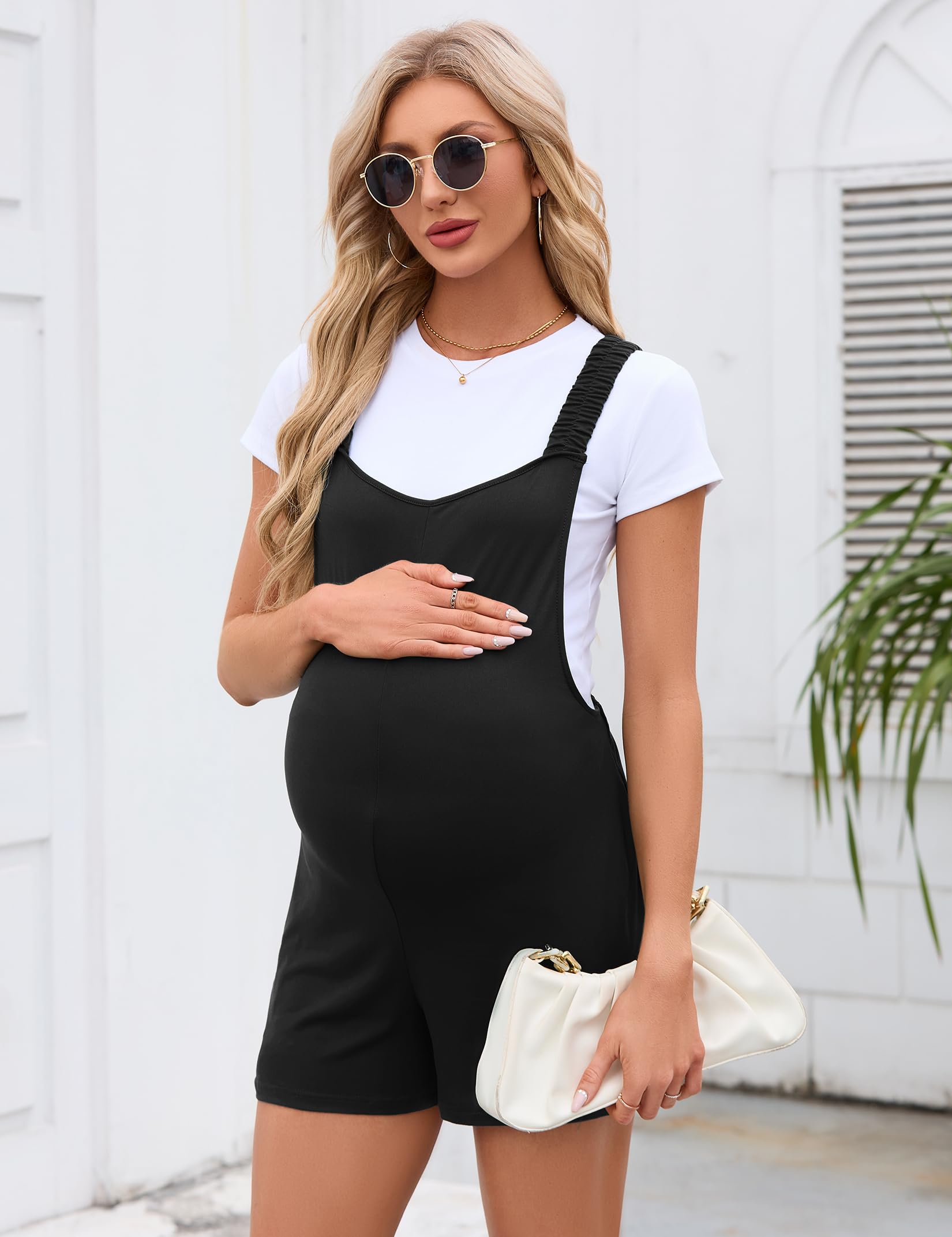 Women's Maternity Overalls Shorts - Summer Sleeveless Romper Jumpsuit with Pockets | Loose Fit Casual Denim Shortalls for Pregnancy | Perfect for Outdoor Activities, Beach Trips & Maternity Photoshoots
