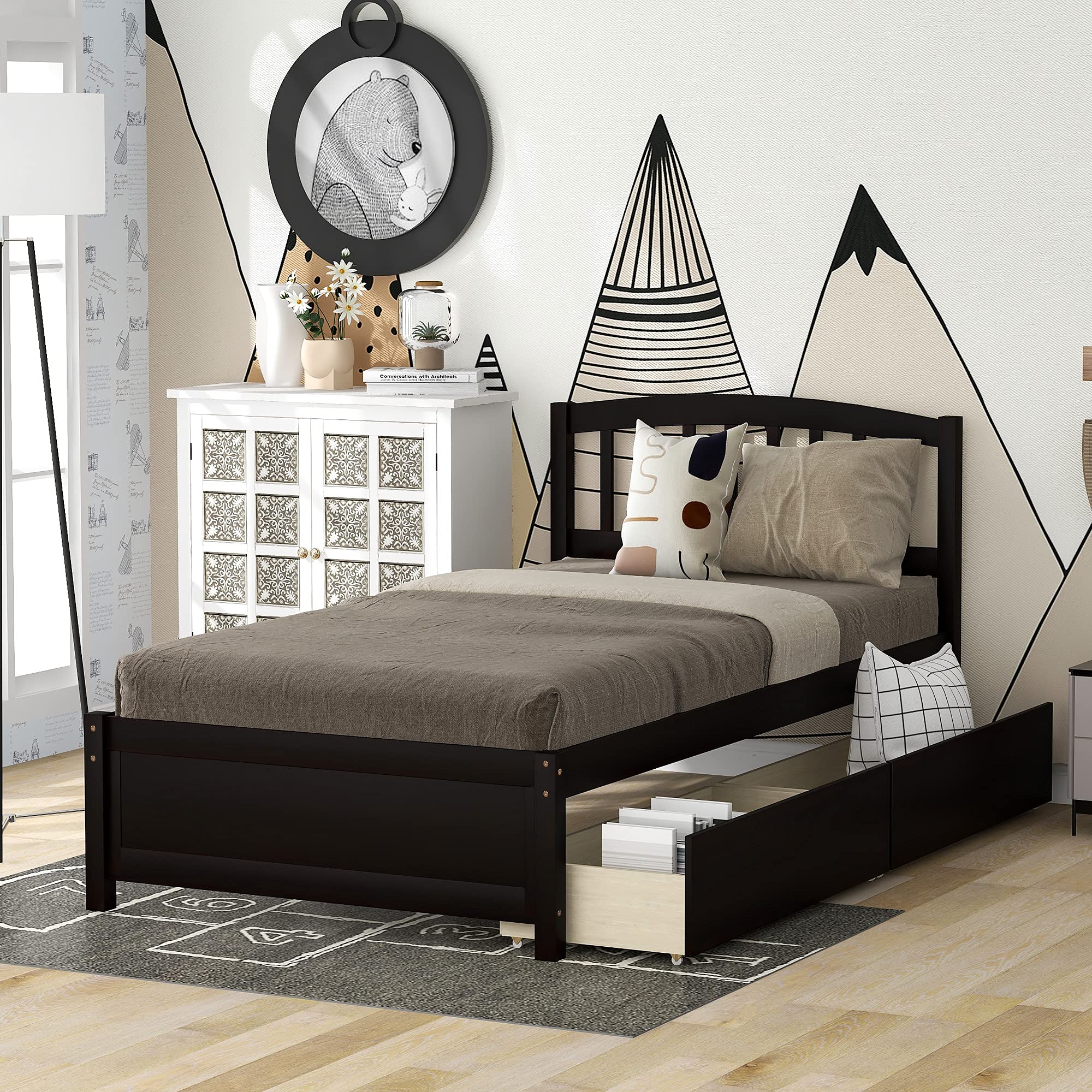 Harper & Bright Designs Twin Storage Bed Frame with 2 Drawers & Headboard - Wood Platform Bed in Espresso Finish - Perfect for Kids Rooms, Guest Bedrooms & Small Spaces