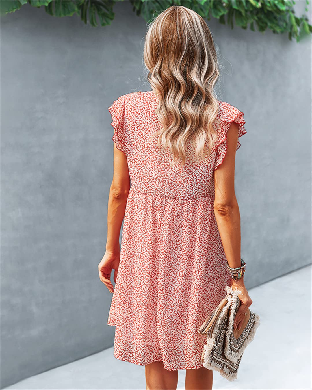 Women's Deep V Neck Sleeveless Summer Floral Print Ruffle Mini Dress with Lining - Sexy Party, Beach Vacation & Date Night Outfit
