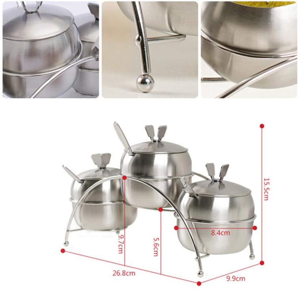 3Pcs Stainless Steel Spice Jars with Tray & Spoons - Airtight Kitchen Seasoning Storage Containers for Salt, Pepper, Cumin & Herbs | Perfect for Countertop Organization & Cooking Essentials