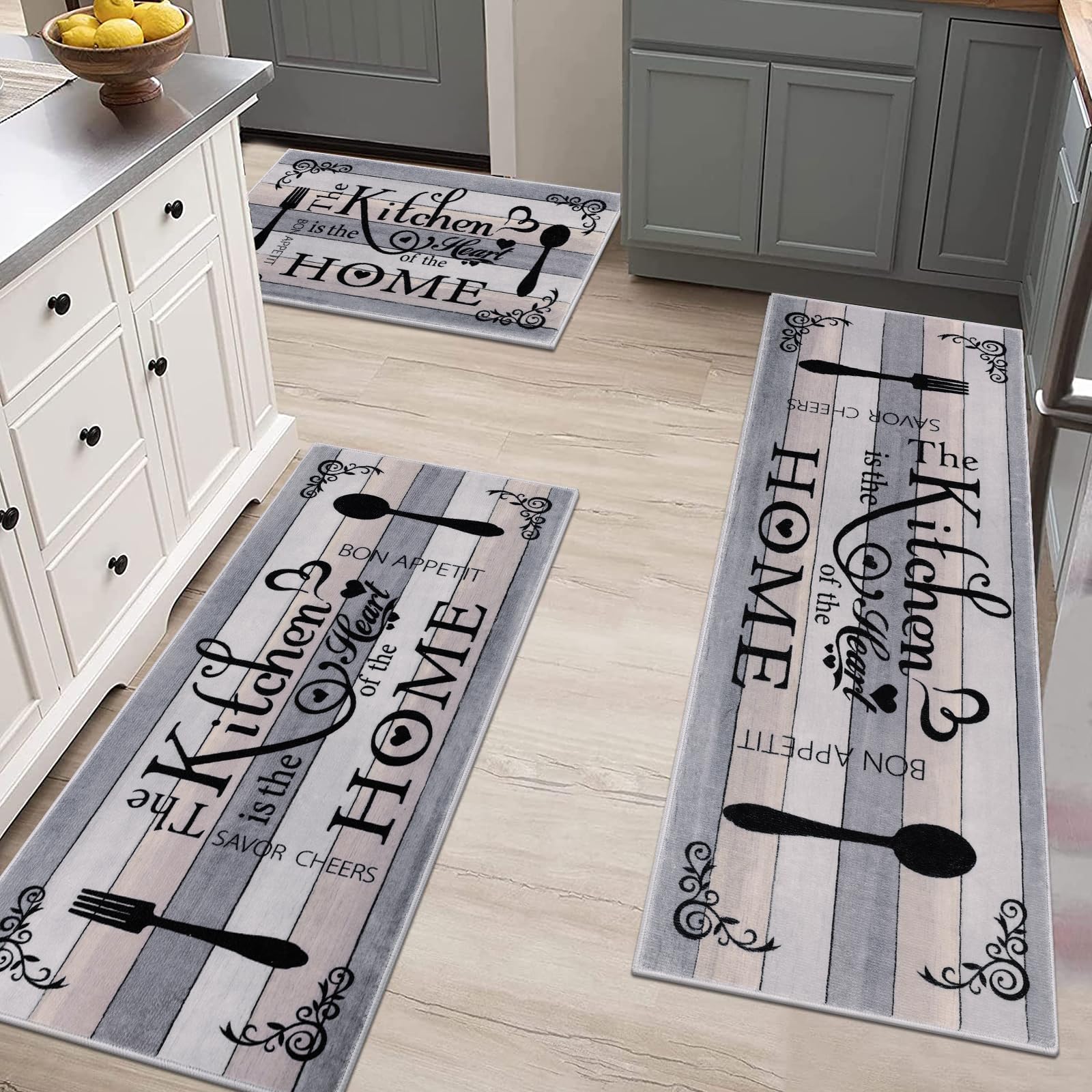 Vaukki Boho Kitchen Rug Set - Washable Non-Slip Floor Mats for Kitchen, Laundry & Hallway (Grey/Beige) - Perfect for Boho Home Decor