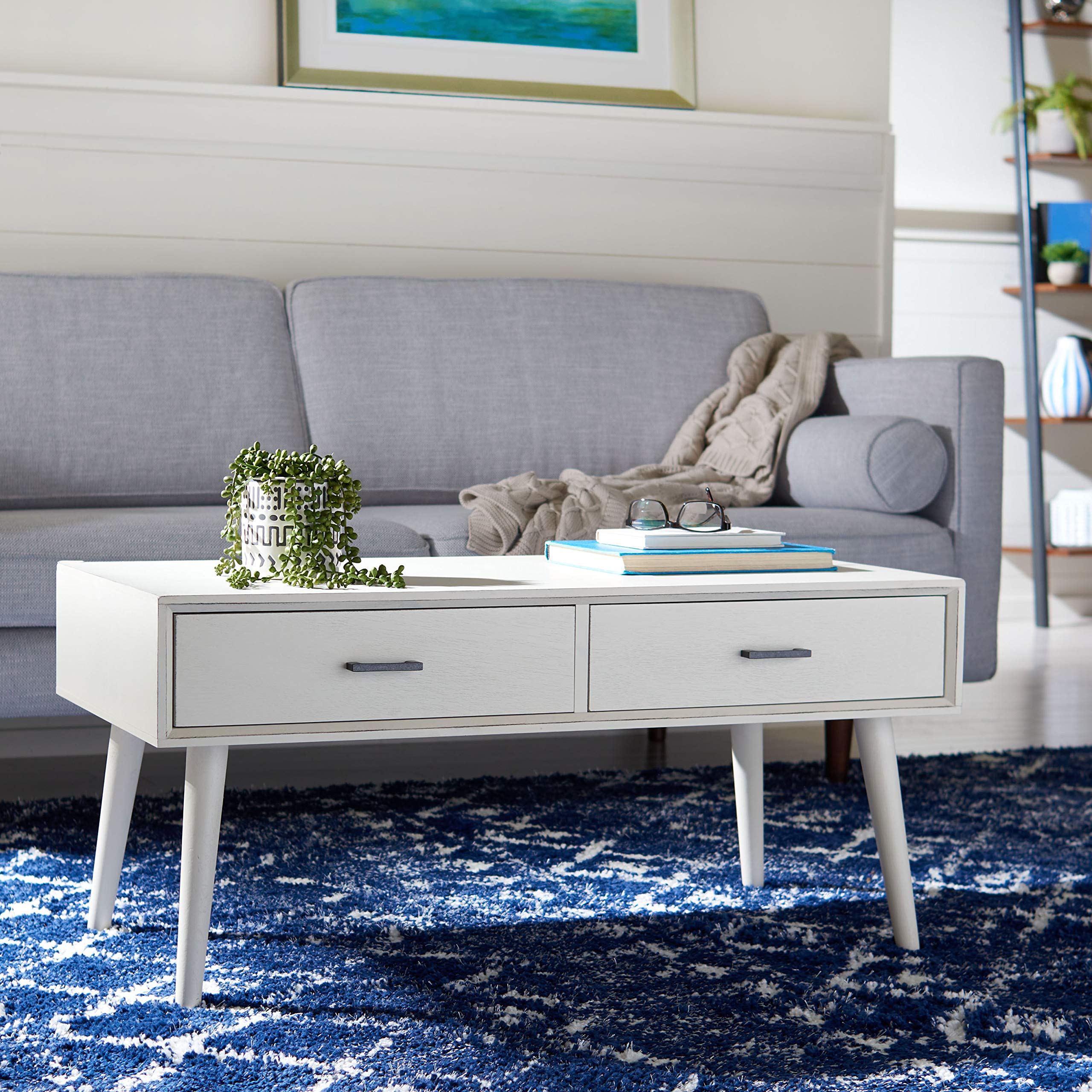 SAFAVIEH Home Collection Mozart Mid-Century Distressed White 2-Drawer Rectangle Coffee Table - Vintage Living Room Furniture for Small Spaces & Modern Apartments