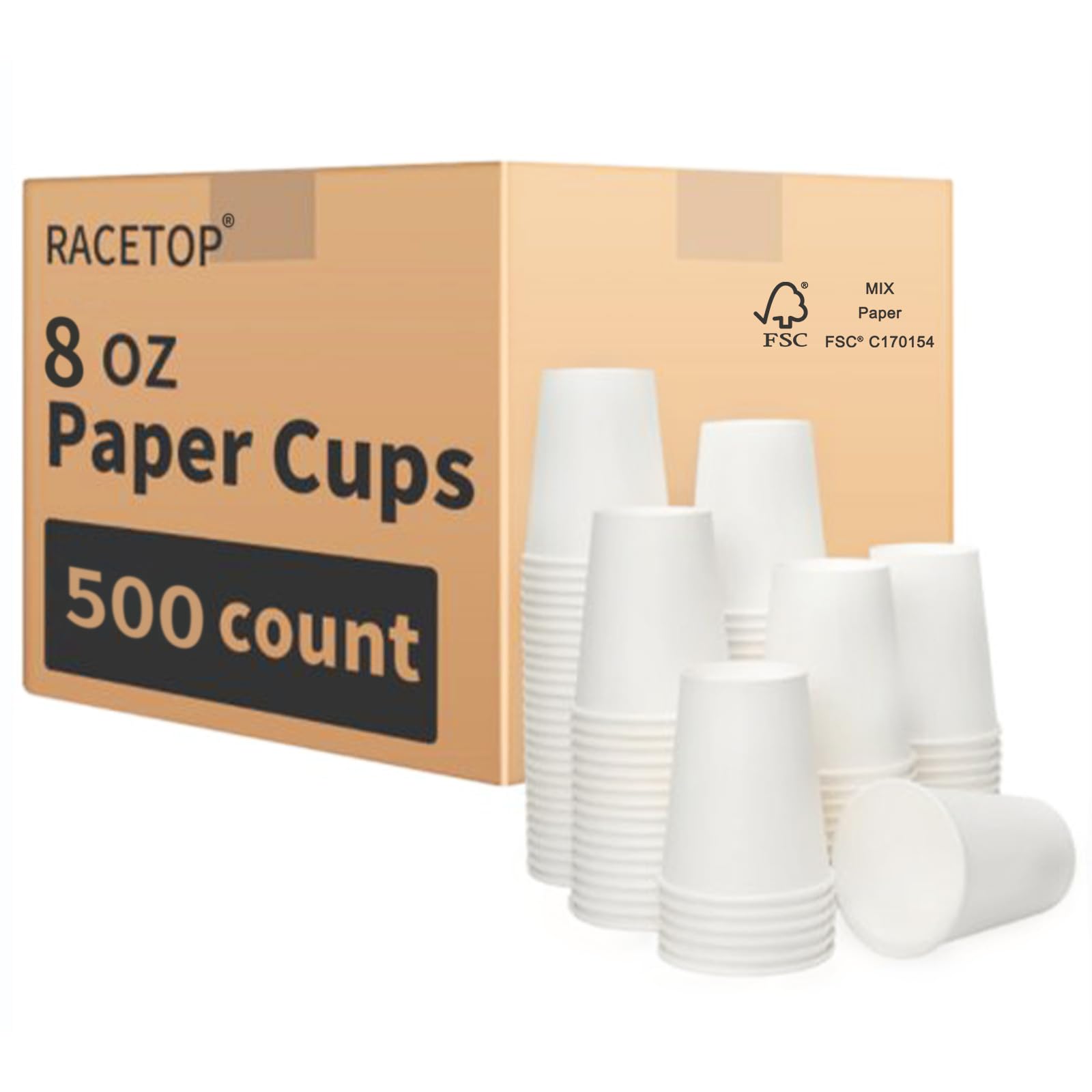 RACETOP 8 oz Disposable Coffee Cups (500 Pack) - Insulated Hot/Cold Drink Cups for Coffee, Tea, Cocoa - Perfect for Office, Home, Party & Catering Events - BPA Free & Leak Resistant