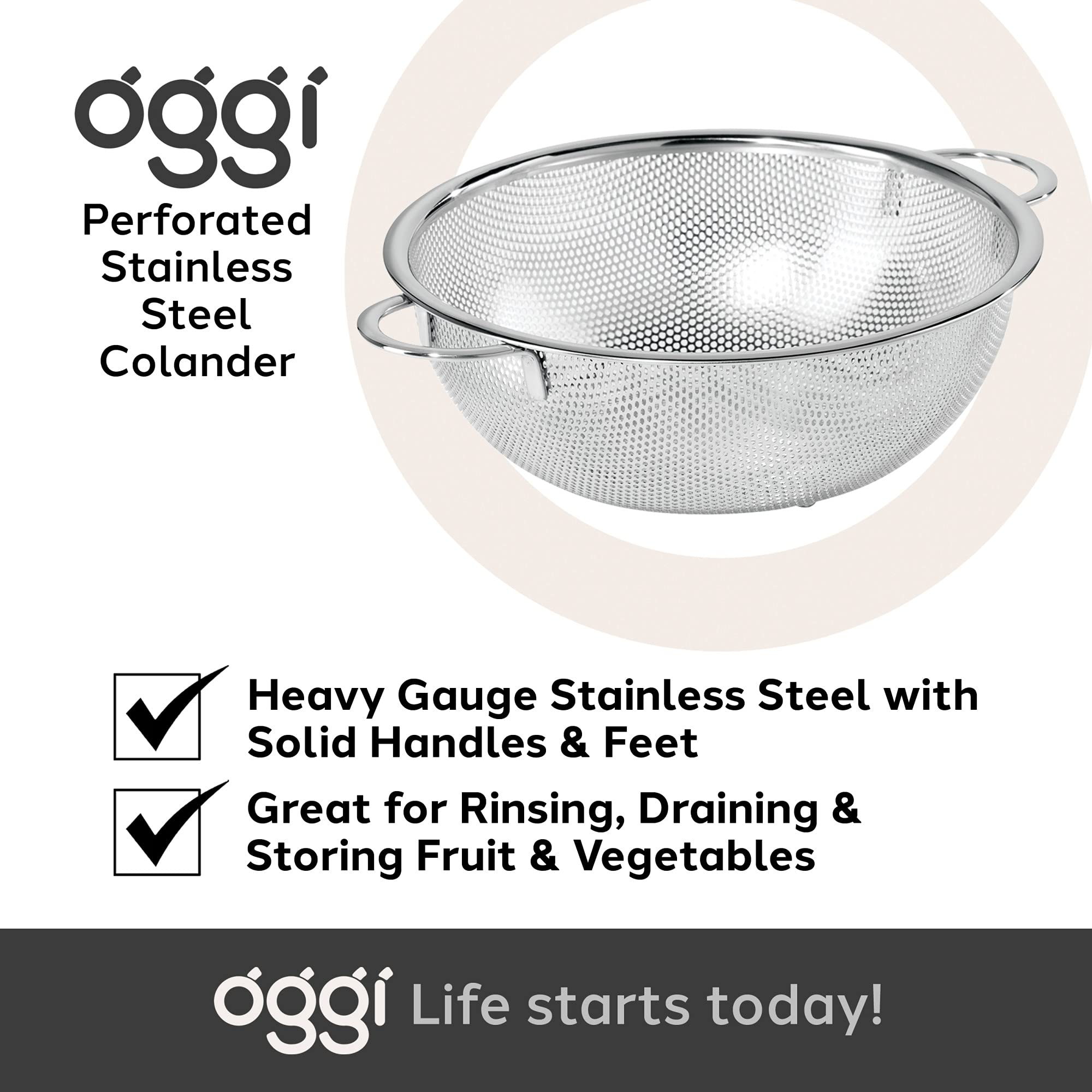 OGGI 2-Quart Stainless Steel Colander with Precision Perforations - Fast Draining, Large Capacity & Rust Resistant - Perfect for Pasta, Rice, Beans, Fruits, Vegetables & Salads - Ideal for Kitchen, Cooking, Meal Prep & Healthy Eating