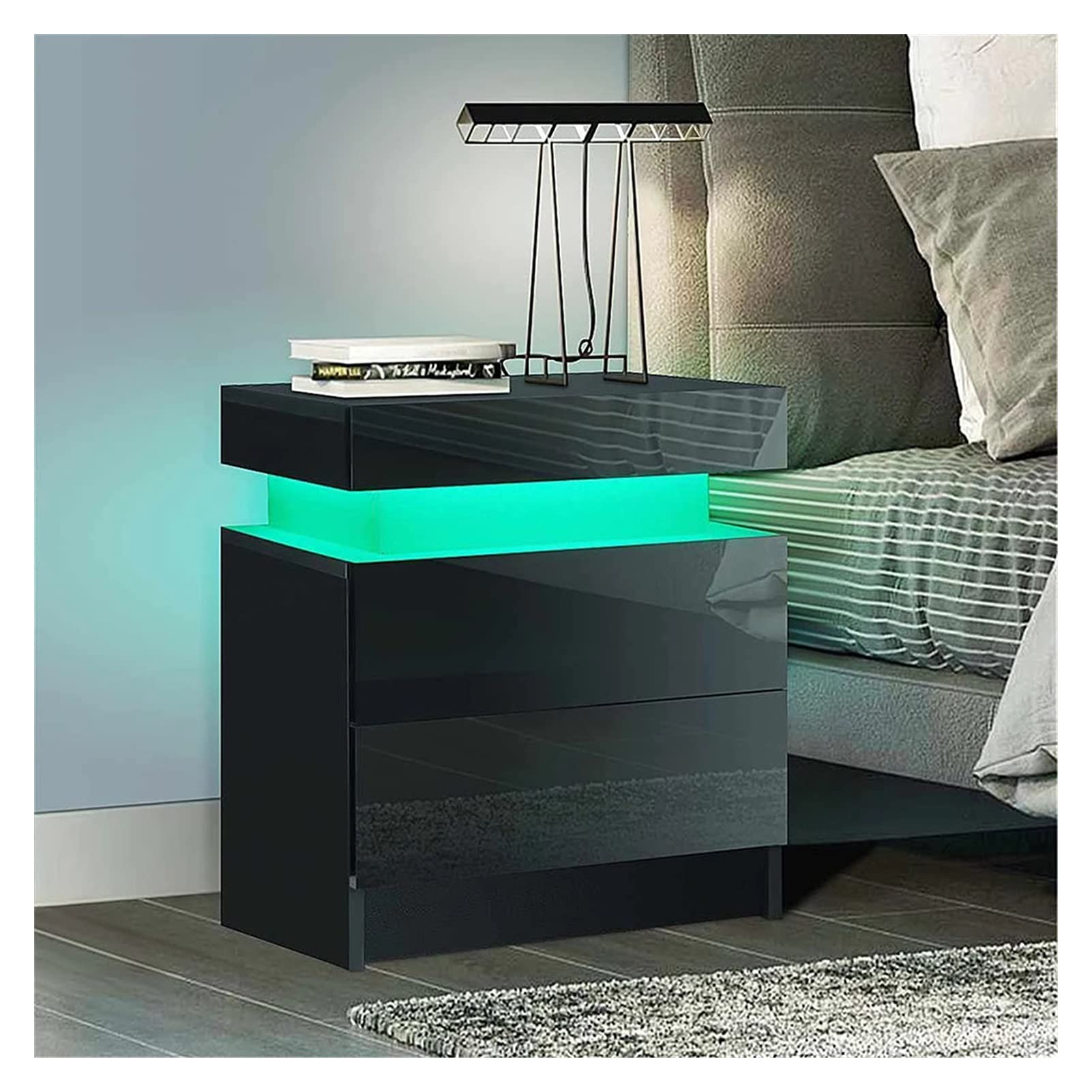 Modern High Gloss Nightstand with RGB LED Lights - 2 Drawer Bedside Cabinet, Contemporary Bedroom Furniture (Black/White) - Perfect for Small Spaces, Dorm Rooms & Apartment Bedrooms
