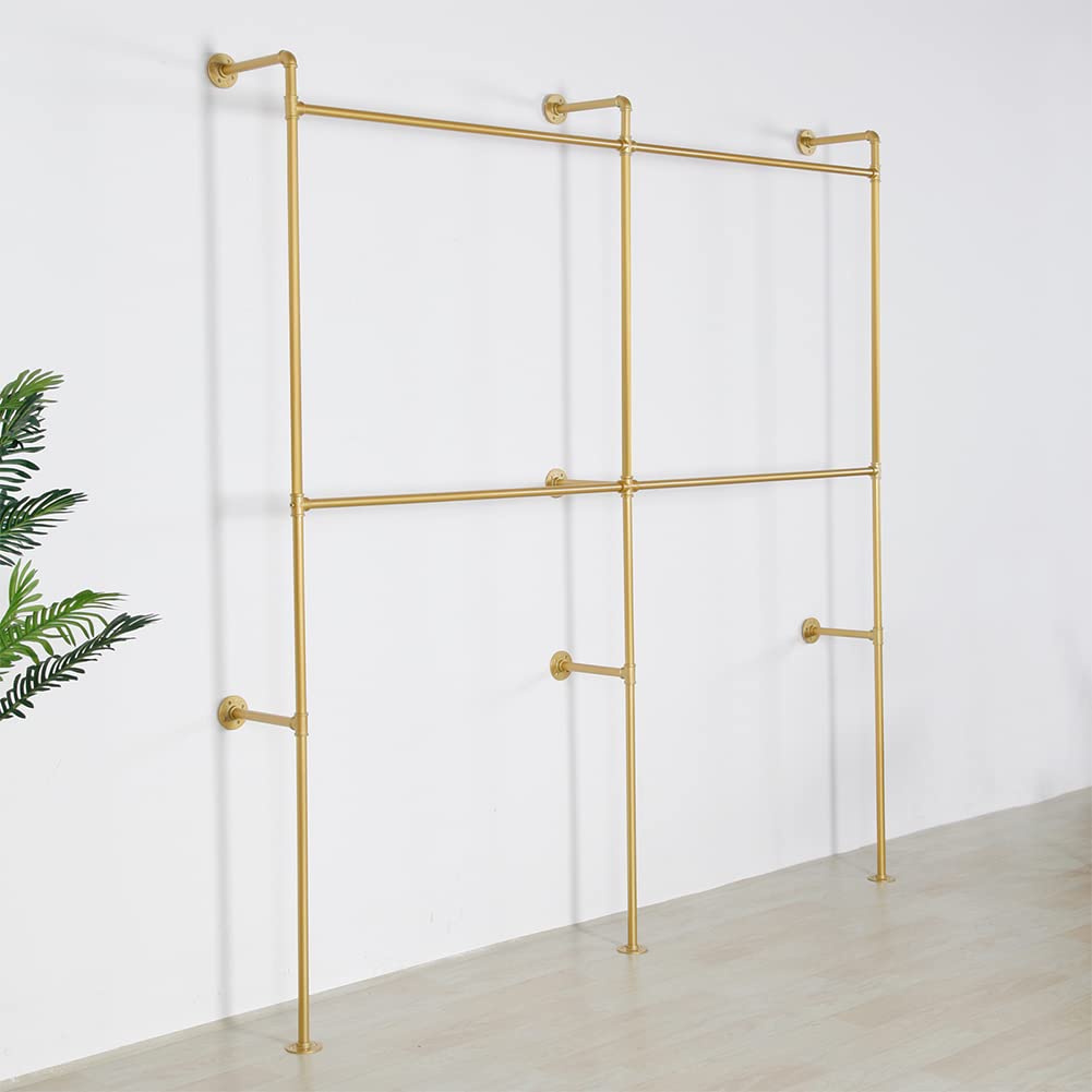 Heavy Duty Industrial Pipe Clothes Rack - 89.8 Inch Gold Metal Garment Rack for Clothing Store Display & Closet Storage - Wall Mounted Hanging Rod for Retail Shops, Boutiques, and Home Organization