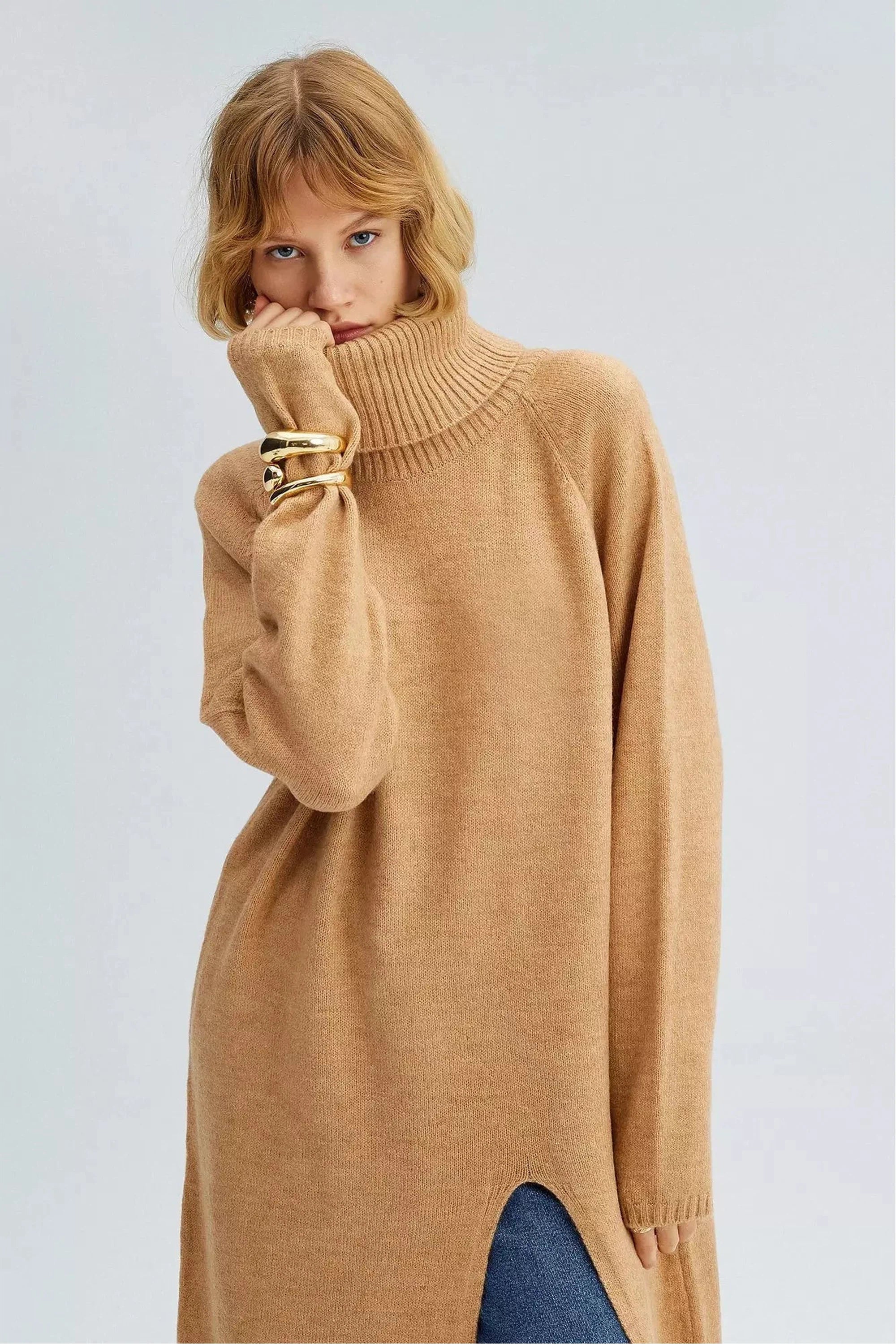 Stylish Side Split Knit Tunic for Women - Comfortable Stretchy Casual Long Top - Perfect for Layering, Office Wear & Weekend Outfits