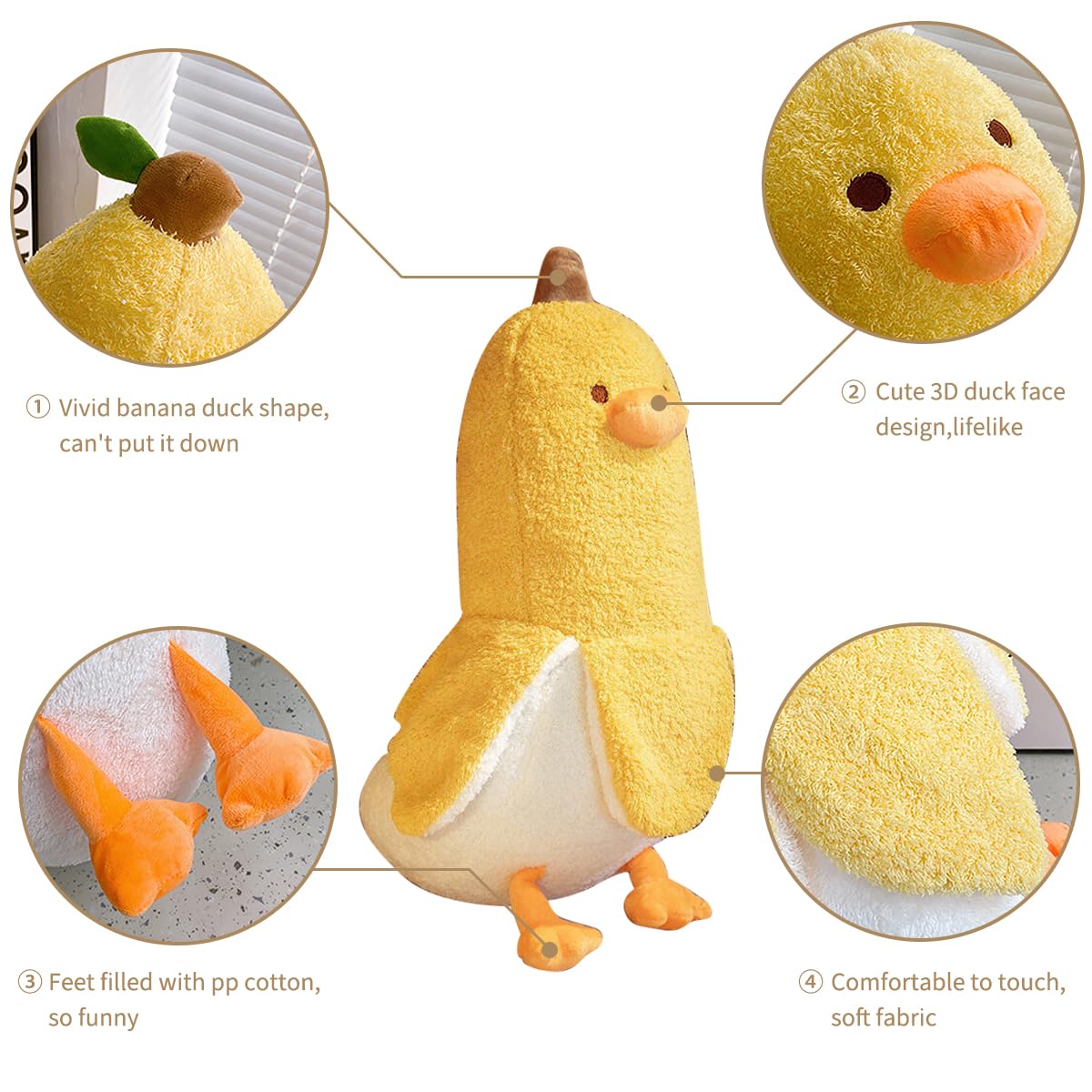 FIONOUT Banana Duck Plush Toy - Soft Cute Stuffed Animal for Kids, Funny Pillow Friend (White, 19.6 Inches) - Perfect for Bedroom Decor, Birthday Gifts & Cuddling