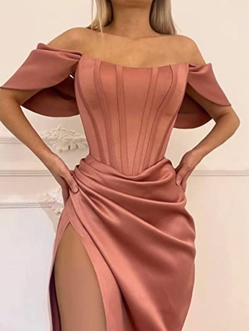 Elegant Off-The-Shoulder Mermaid Prom Dress with Ruched Satin Detail - Wedding Bridesmaid & Evening Gown with High Slit - Perfect for Formal Events, Homecoming, and Special Occasions