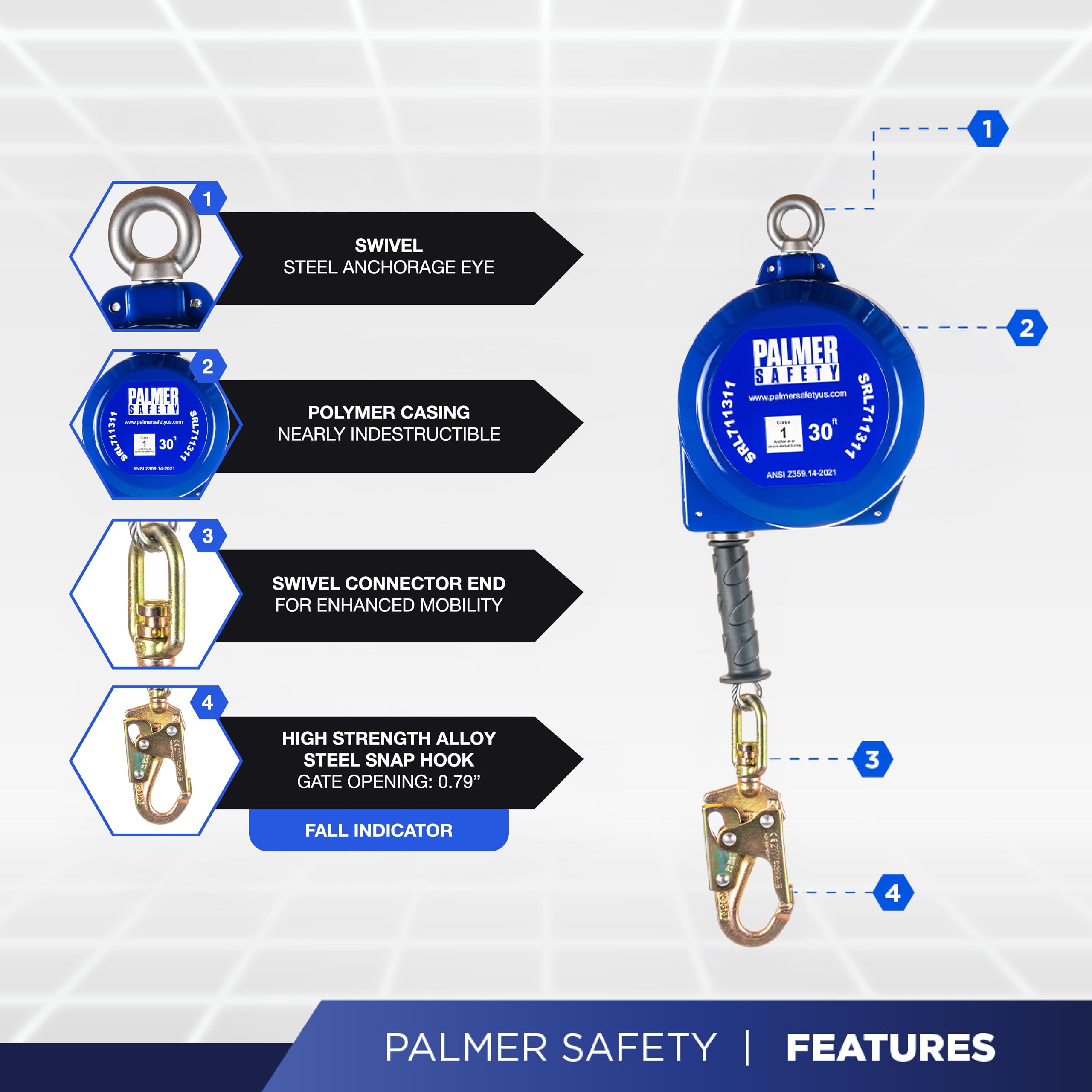 Palmer Safety SRD 30 FT Self Retracting Lifeline - ANSI Z359.14-2021 Class 1 Certified SRL Device with Swivel Top Galvanized Cable & Small Steel Snap Hook - Fall Arrest Safety Equipment for Construction, Roofing & Industrial Work