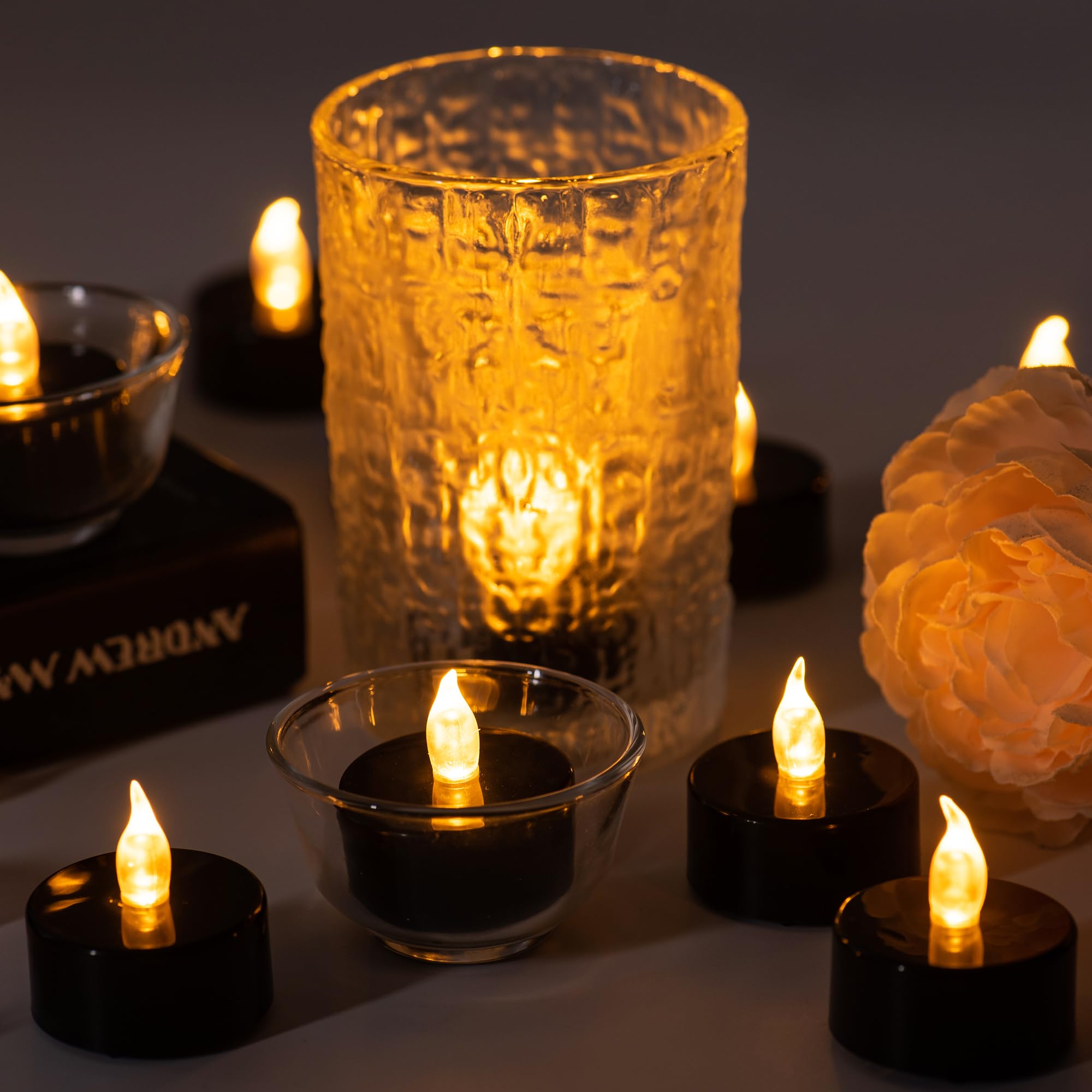 40 Pack Long-Lasting Black Flameless Tealight Candles with Batteries Included - Realistic Flickering LED Tea Lights for Halloween Decorations, Weddings, Parties & Home Ambiance