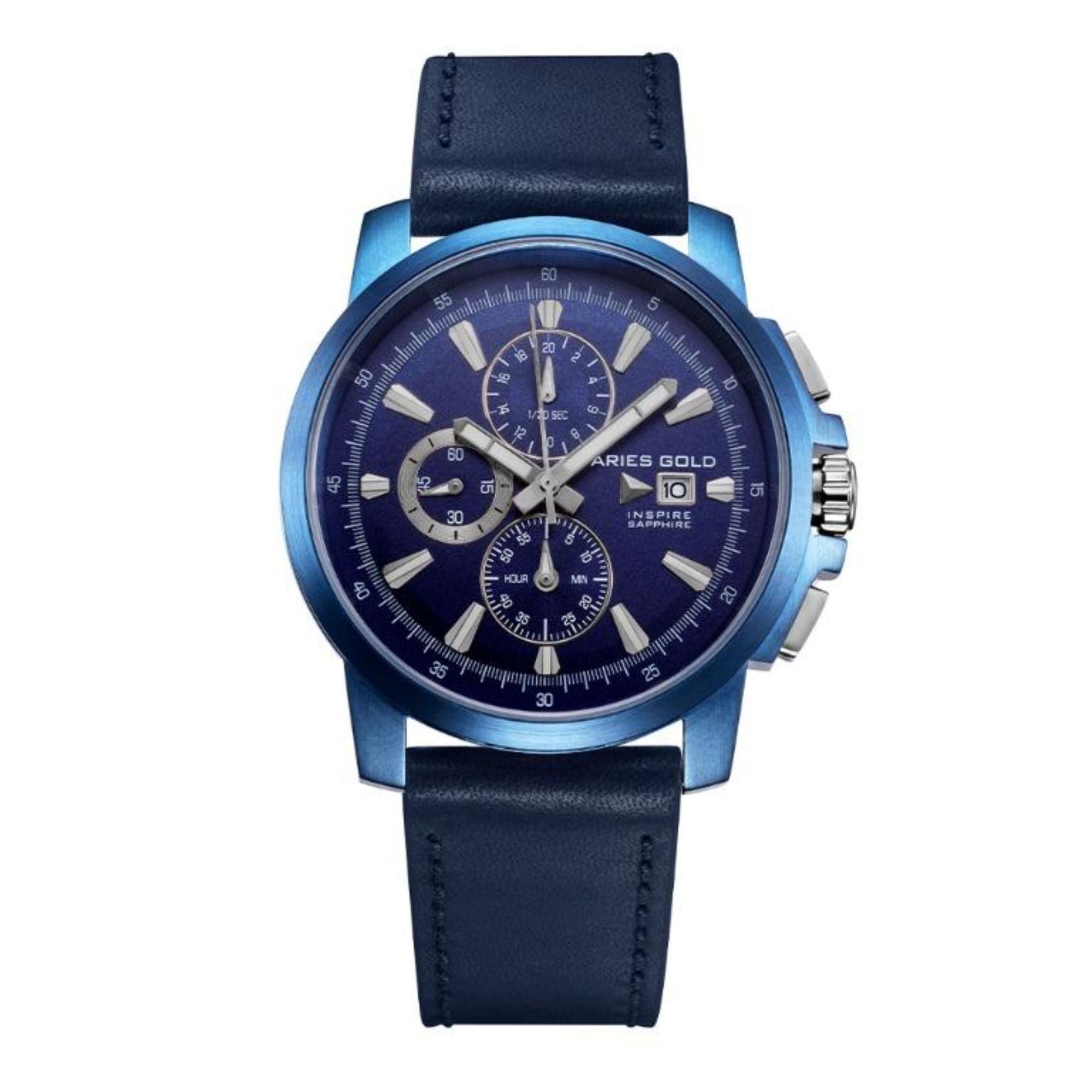 ARIES GOLD INSPIRE CONTENDER Blue Stainless Steel Men's Watch with Leather Strap - Waterproof Dress Watch for Business, Casual & Formal Occasions