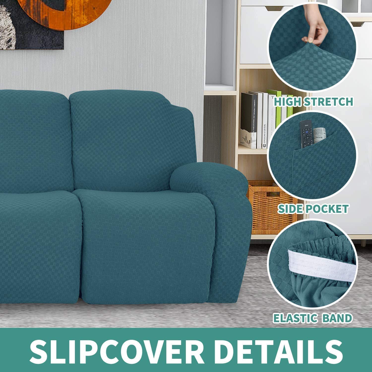 6-Piece Stretch Loveseat Recliner Slipcover - Jacquard Recliner Sofa Cover with Side Pockets, Elastic Bottom Furniture Protector (Peacock Blue) - Perfect for Living Room, Family Room & Home Theater Seating Protection