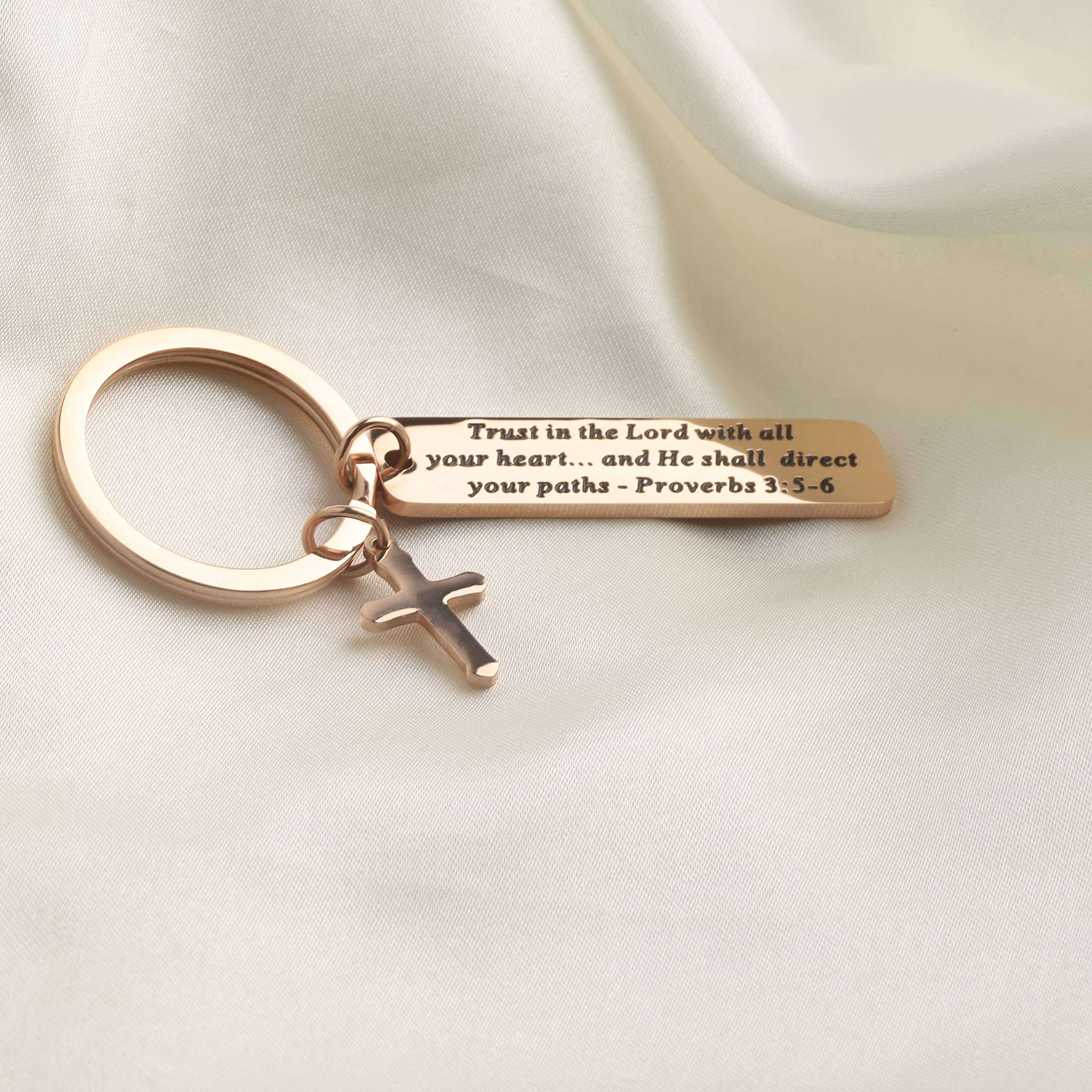 BEKECH Christian Keychain - Trust in The Lord Proverbs 3:5-6 Bible Verse Cross Charm, Religious Jewelry Gift for Baptism, Confirmation & Daily Inspiration (Ideal for Church Events & Spiritual Encouragement)