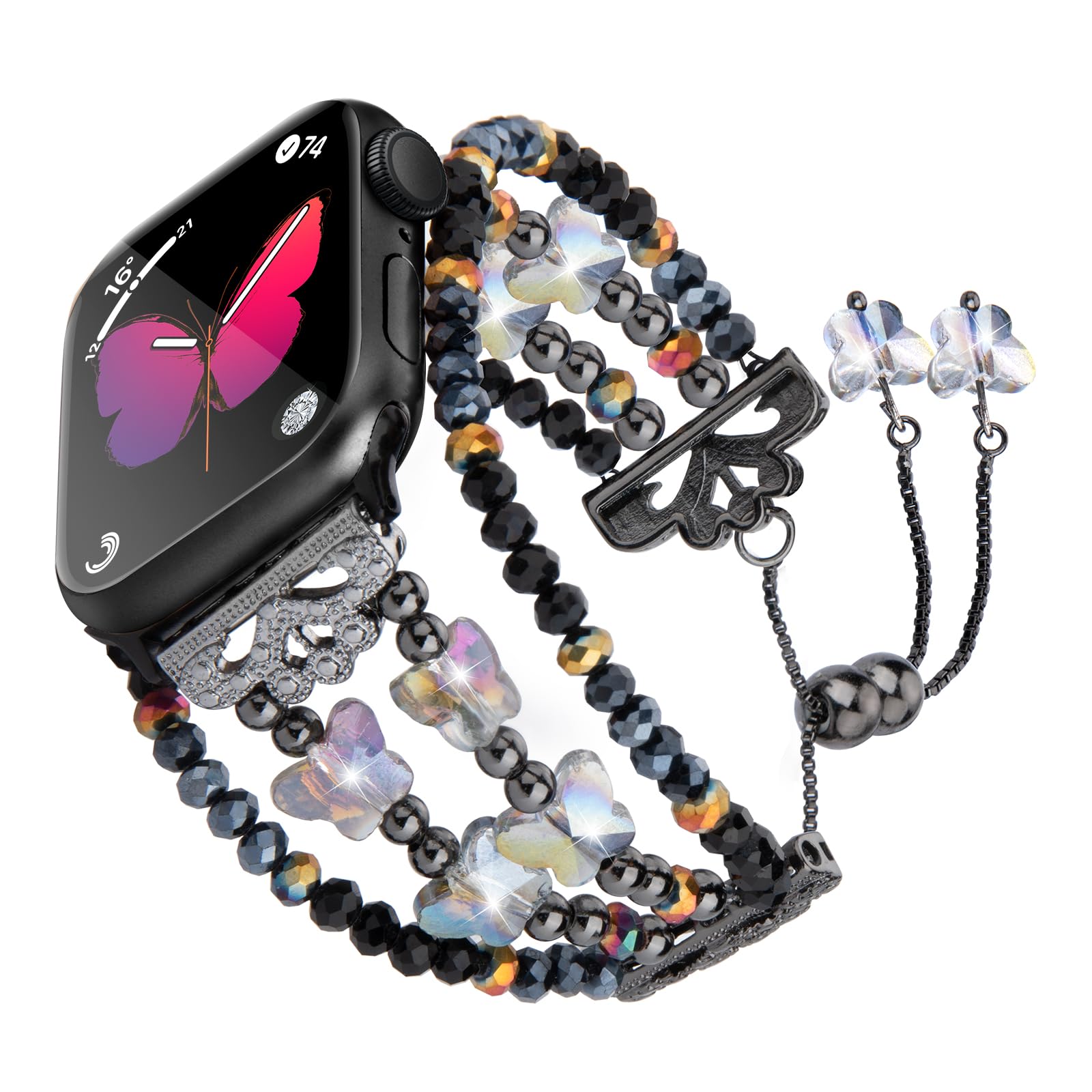 TOMAZON Butterfly Beaded Charm Bracelet Band for Apple Watch Series 9/8/7/SE/6/5/4 (38mm/40mm/41mm) - Slim Crystal Wristband for Women, Handmade Bling Accessory - Perfect for Parties, Weddings & Everyday Wear