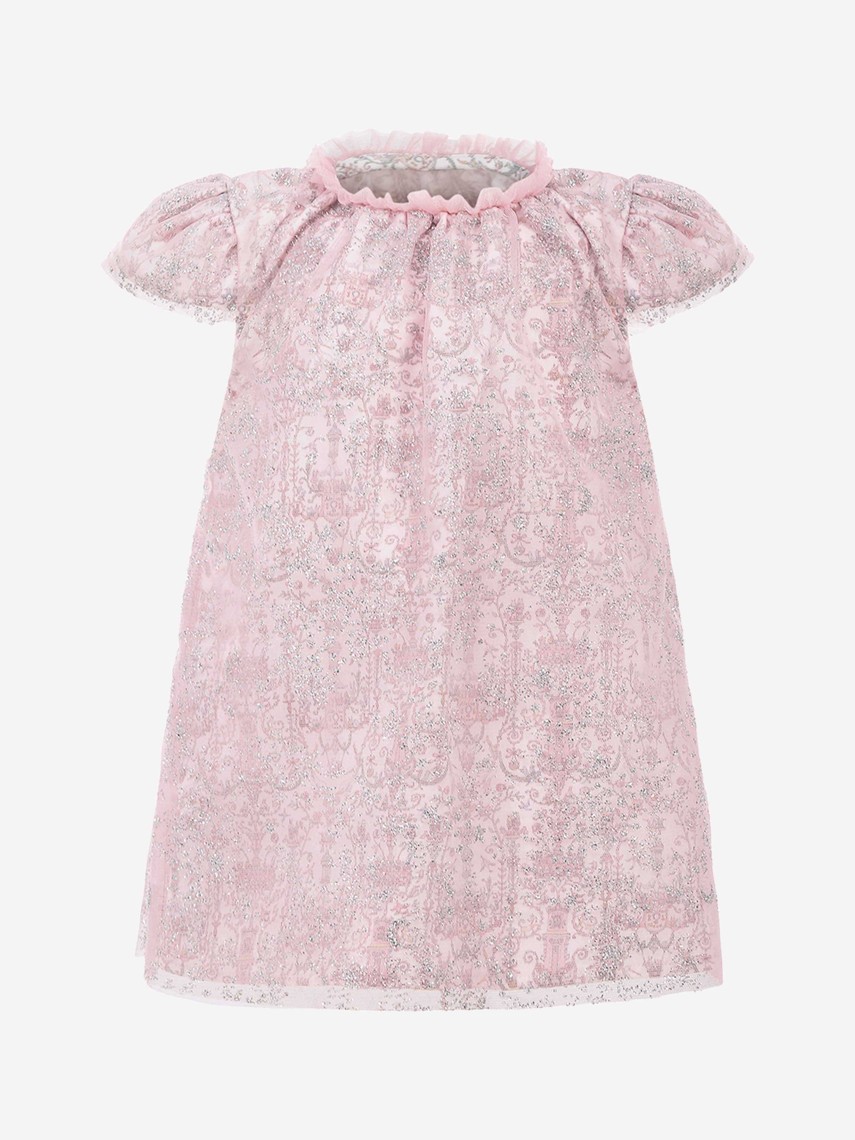 Atelier Choux Baby Girls Glittery Toile de Jouy Dress - Pink Floral Print Cotton Dress for Special Occasions & Photoshoots