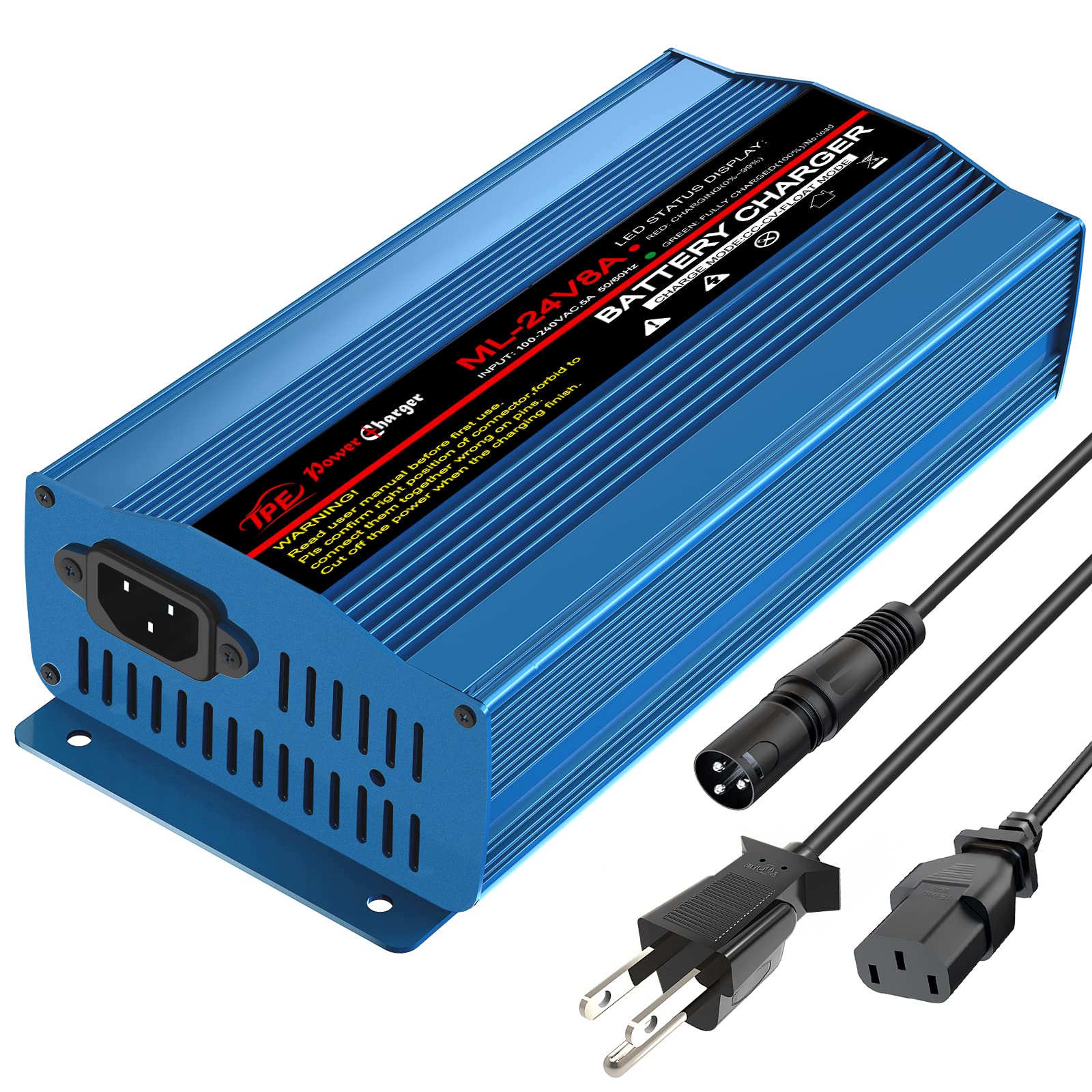 24V 8A Smart Automatic Battery Charger & Maintainer with XLR Connector - Portable Charging for Car, Boat, Lawn Mower, Marine, Wheelchair, Motorcycle, eBike - Ideal for Home, Garage, RV & Outdoor Power Equipment Maintenance