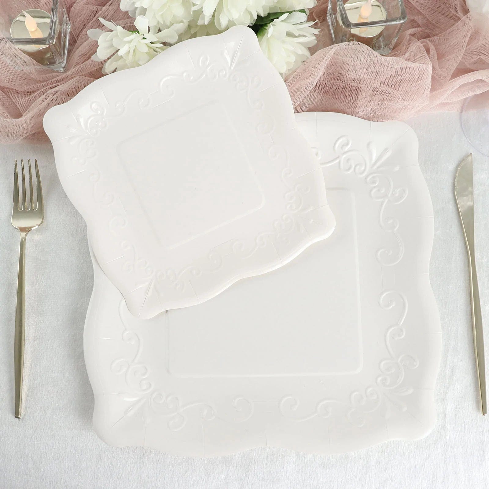 25 Pack Square Disposable Dessert Plates with Elegant Scroll Design - Perfect for Parties, Weddings, and Dinner Events