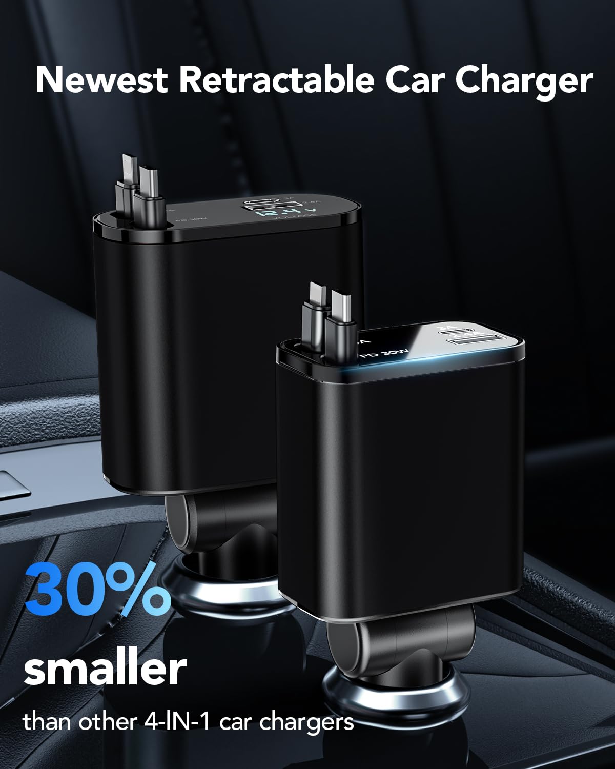 HATALKIN 69W Retractable Car Charger - 4-in-1 Fast Charging with 2 Retractable Cables & USB-C Port - Compatible with iPhone 15/14/13/12/11, iPad Pro, Samsung Galaxy, Google Pixel - Perfect for Road Trips & Daily Commutes