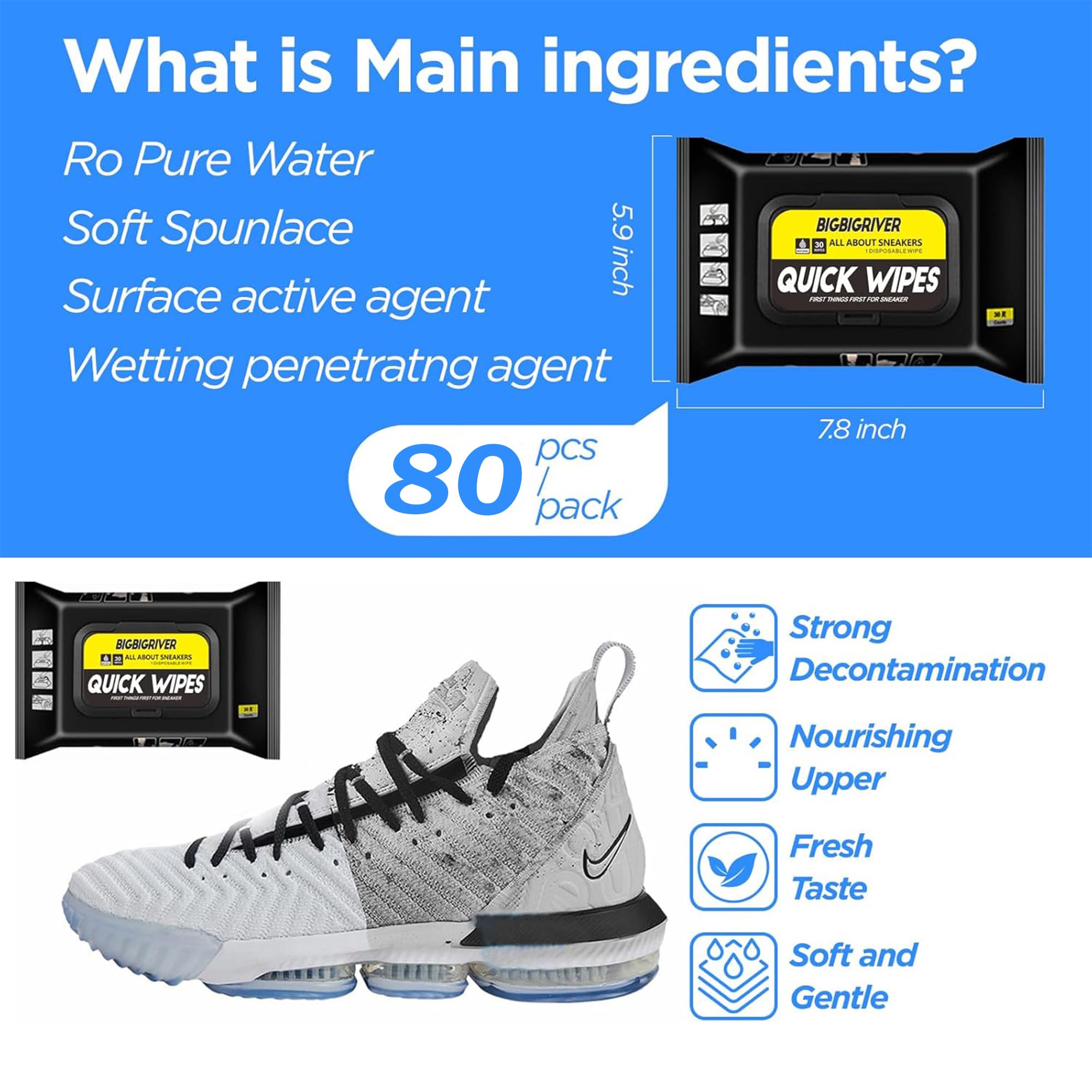 KLIFFOO Shoe Cleaner Wipes for Sneakers - 80 Count Disposable Cleaning Wipes for White Shoes, Sports Shoes & All Footwear | Quickly Remove Dirt & Stains | Perfect for Gym, Travel & Everyday Shoe Care