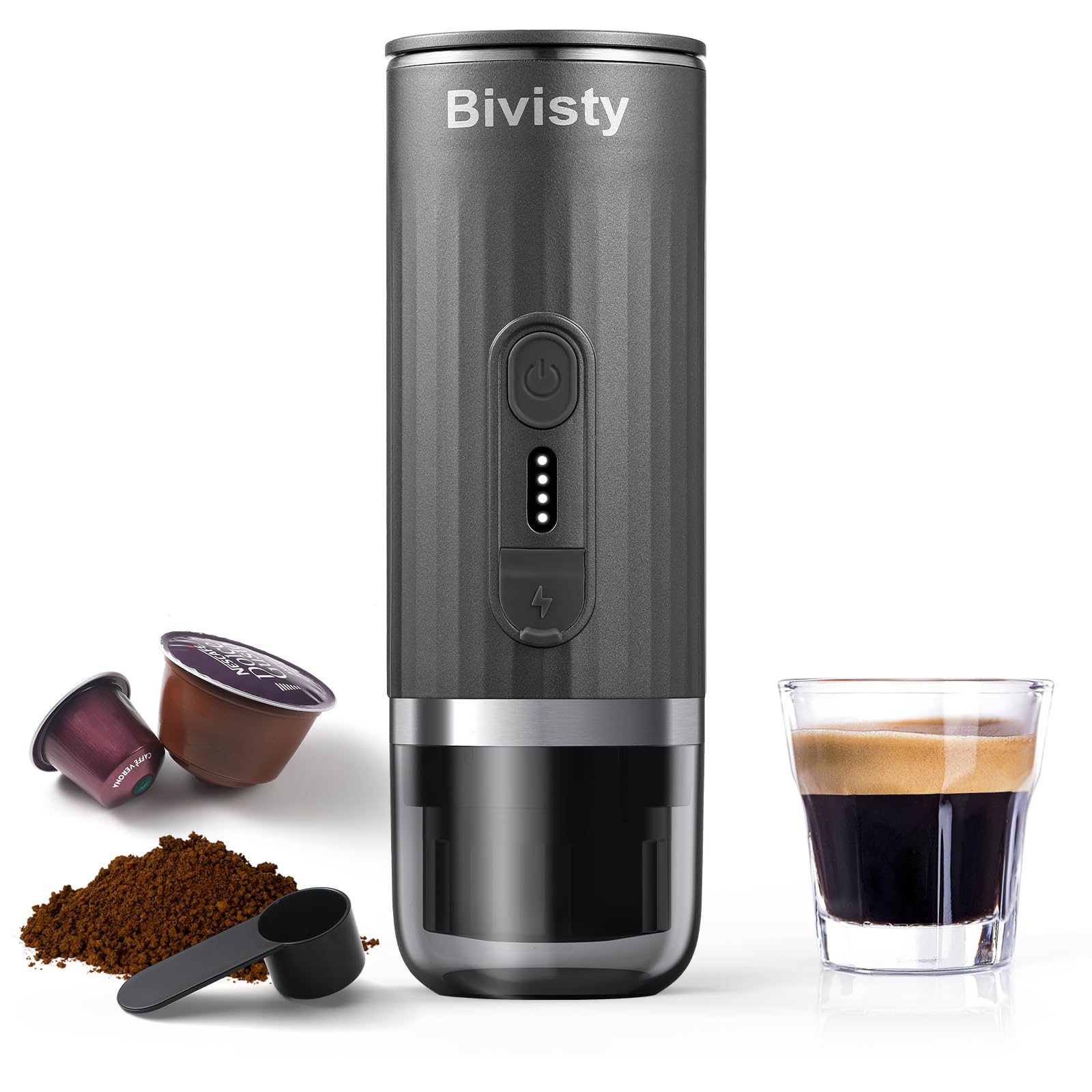 Portable Espresso Maker - Wireless Self-Heating Travel Coffee Machine with 80ml Water Tank, Compatible with Nespresso & Dolce Gusto Ground Coffee - Perfect for Camping, Hiking, Office & Outdoor Adventures (Grey)