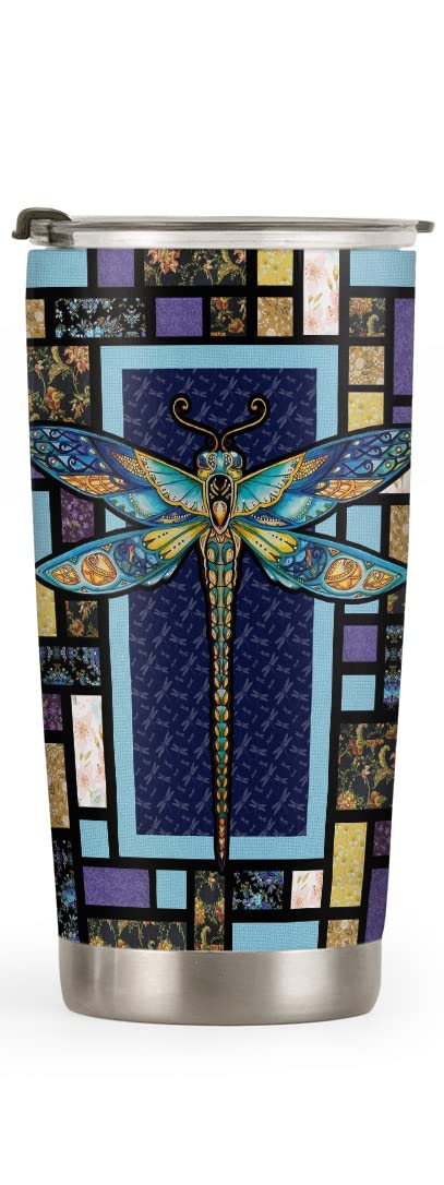 20oz Dragonfly Mosaic Tumbler Cup with Lid - Insulated Travel Coffee Mug for Women, Perfect Valentine's Day, Birthday, Mother's Day Gift for Her, Mom, Wife, Daughter & Friends - Inspirational Dragonfly Design for Office, Home & Outdoor Use