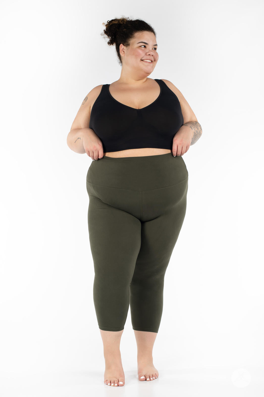 High Waisted Olive Green Wide Band Workout Crops - Perfect for Yoga, Running & Gym