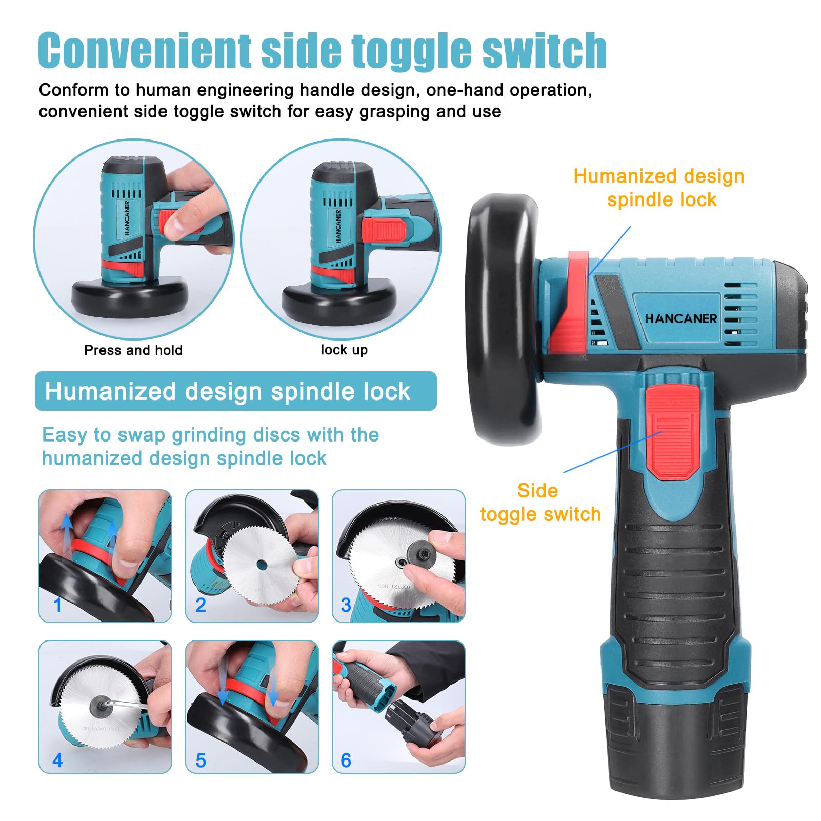 Hancaner 12V Cordless Angle Grinder with 2PCS 2000mAh Battery | 19500 RPM Mini Electric Grinder for Cutting, Polishing & Grinding | Perfect for Tile, Wood, Stone & Metal Work | DIY Projects & Professional Use