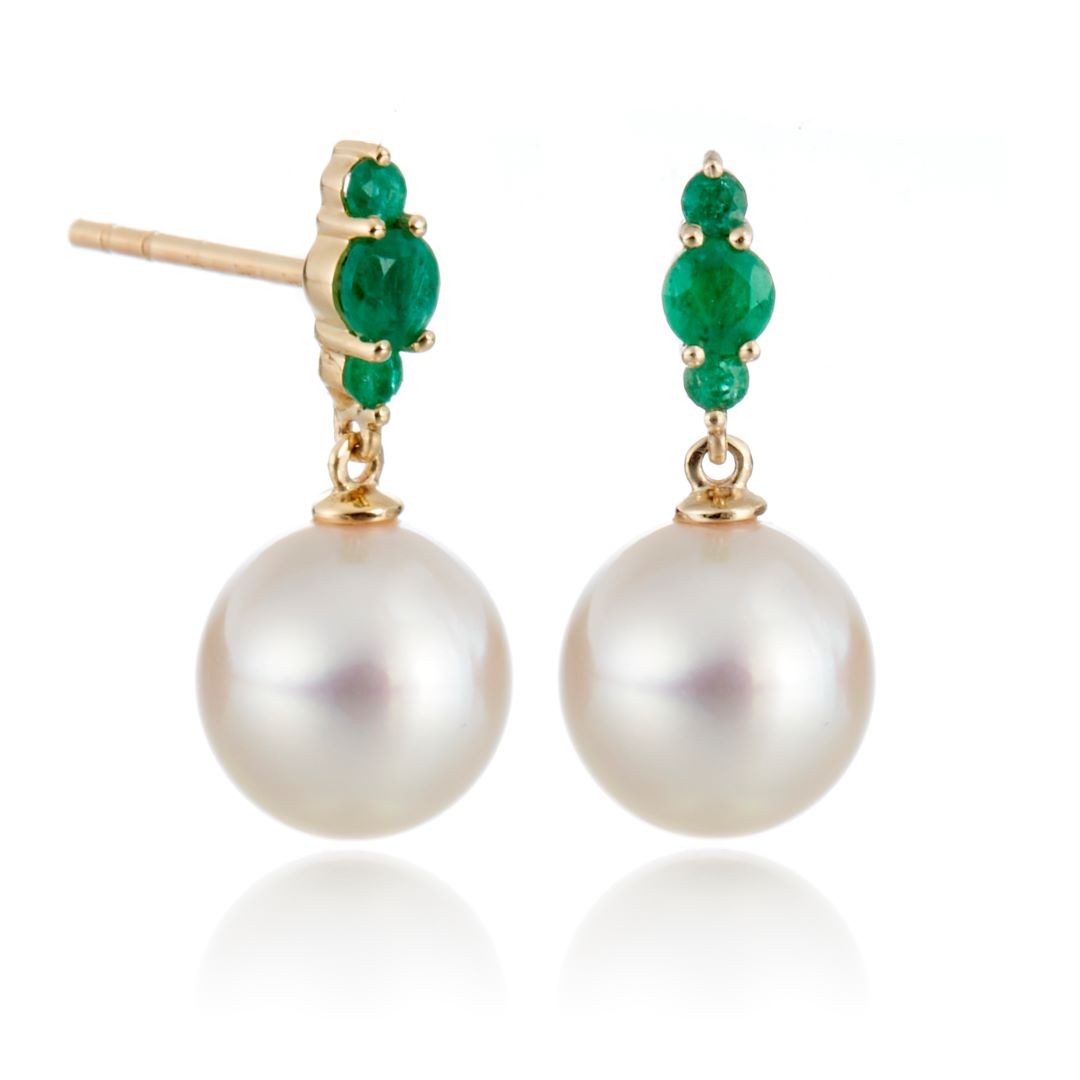 Exquisite White Akoya Pearl & Emerald Orion Earrings - Elegant Jewelry for Weddings, Parties & Special Occasions