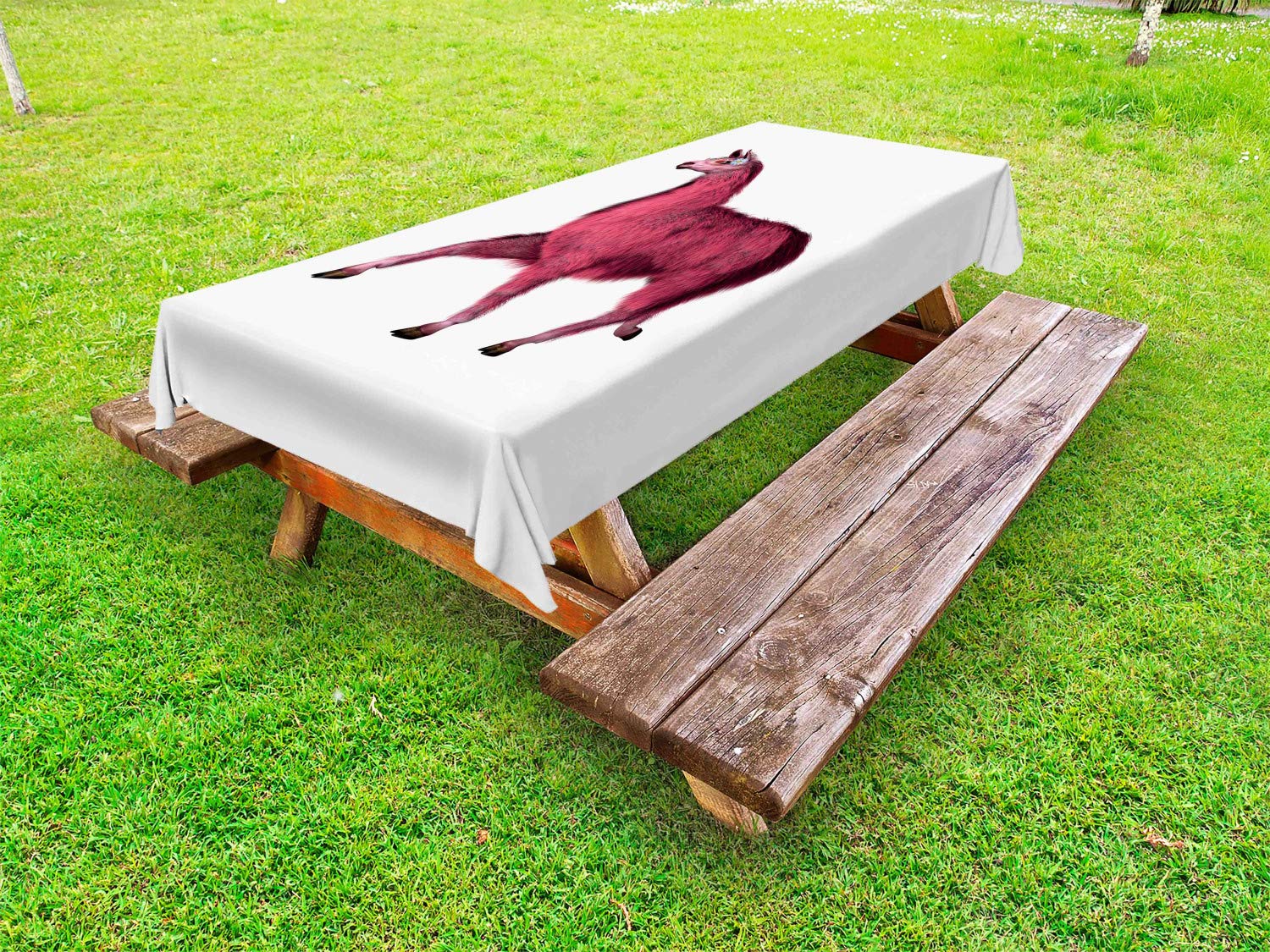 Ambesonne Llama Print Outdoor Tablecloth - Pink Llama with Glasses & Daisy Floral Design, Washable Picnic Table Cover 58x84 Inches, Maroon Pink - Perfect for Garden Parties, BBQs, and Outdoor Dining
