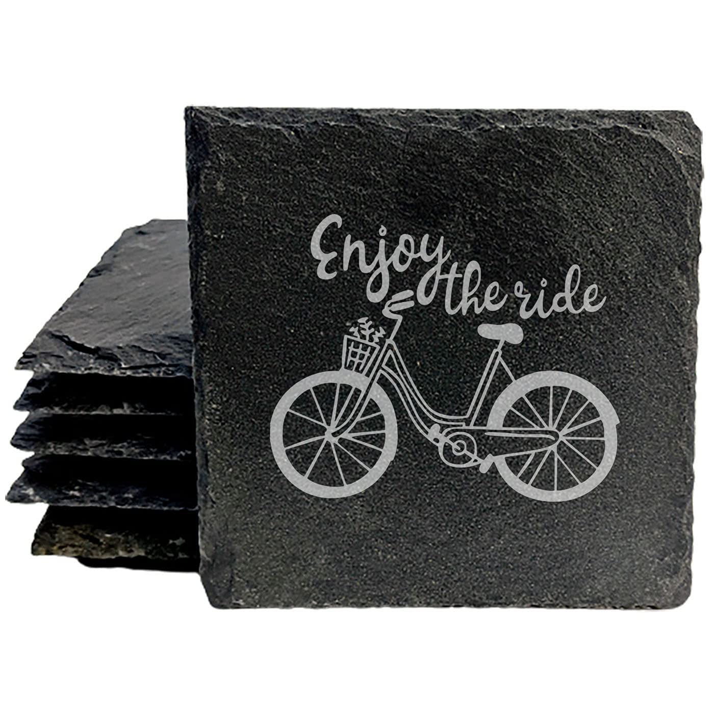 Premium Natural Gray Slate Coasters Set of 8 - Laser-Etched Cycling Design - Square Slate Drink Coasters for Beer, Wine & Coffee - Perfect for Bike Enthusiasts & Home Bar Decor