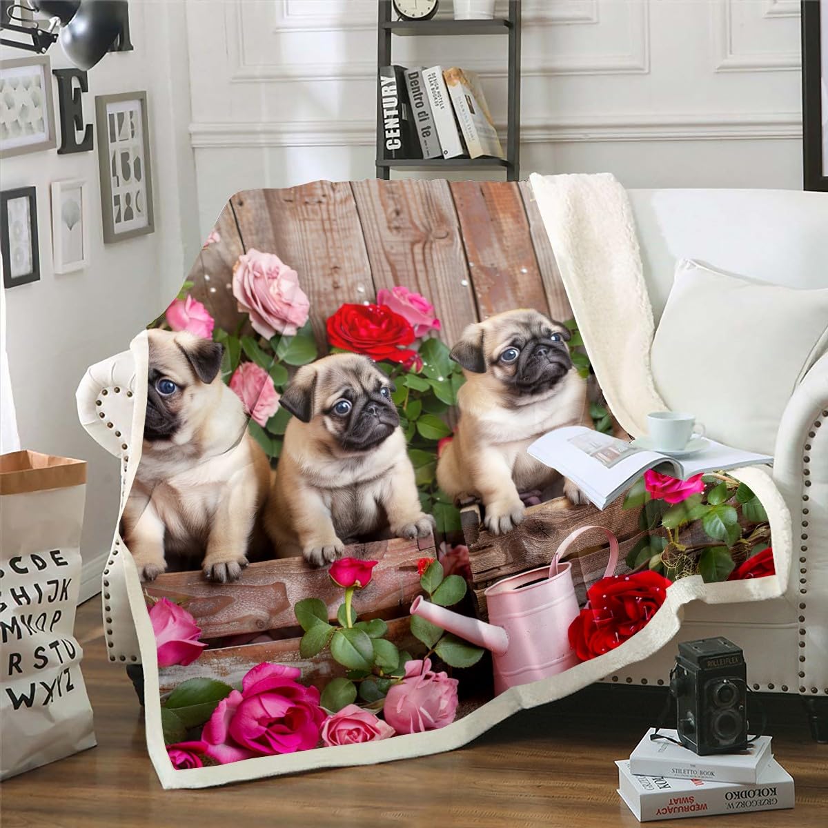 Soft Pug Dog Plush Throw Blanket - Red Pink Rose Floral Sherpa Blanket for Kids, Boys & Girls | Cute Cartoon Pet Animal Blanket for Sofa, Bed, Couch Decor | Cozy Fuzzy Blanket for Nursery, Dorm Room, Gift (40x50 Inches)