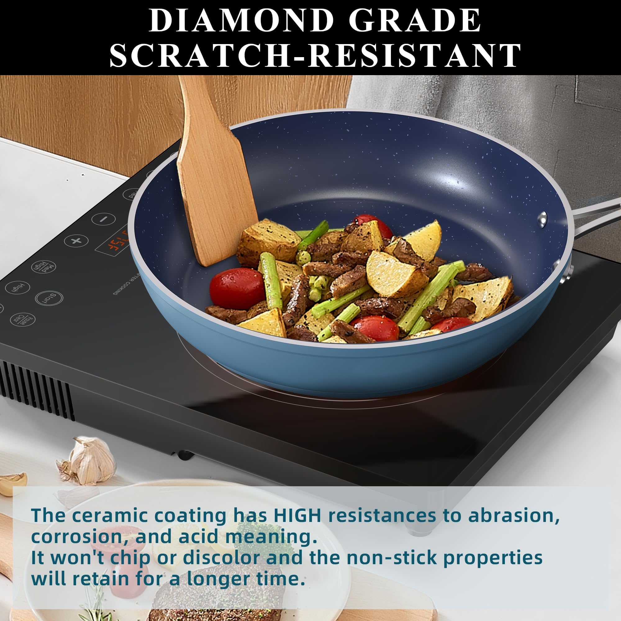 Nuwave 9-Piece Nonstick Cookware Set - Blue Ceramic Coated, Diamond Infused, Scratch Resistant & PFAS Free - Oven & Induction Safe with Tempered Glass Lids & Stay-Cool Handles - Perfect for Healthy Cooking, Frying, Baking & Meal Prep