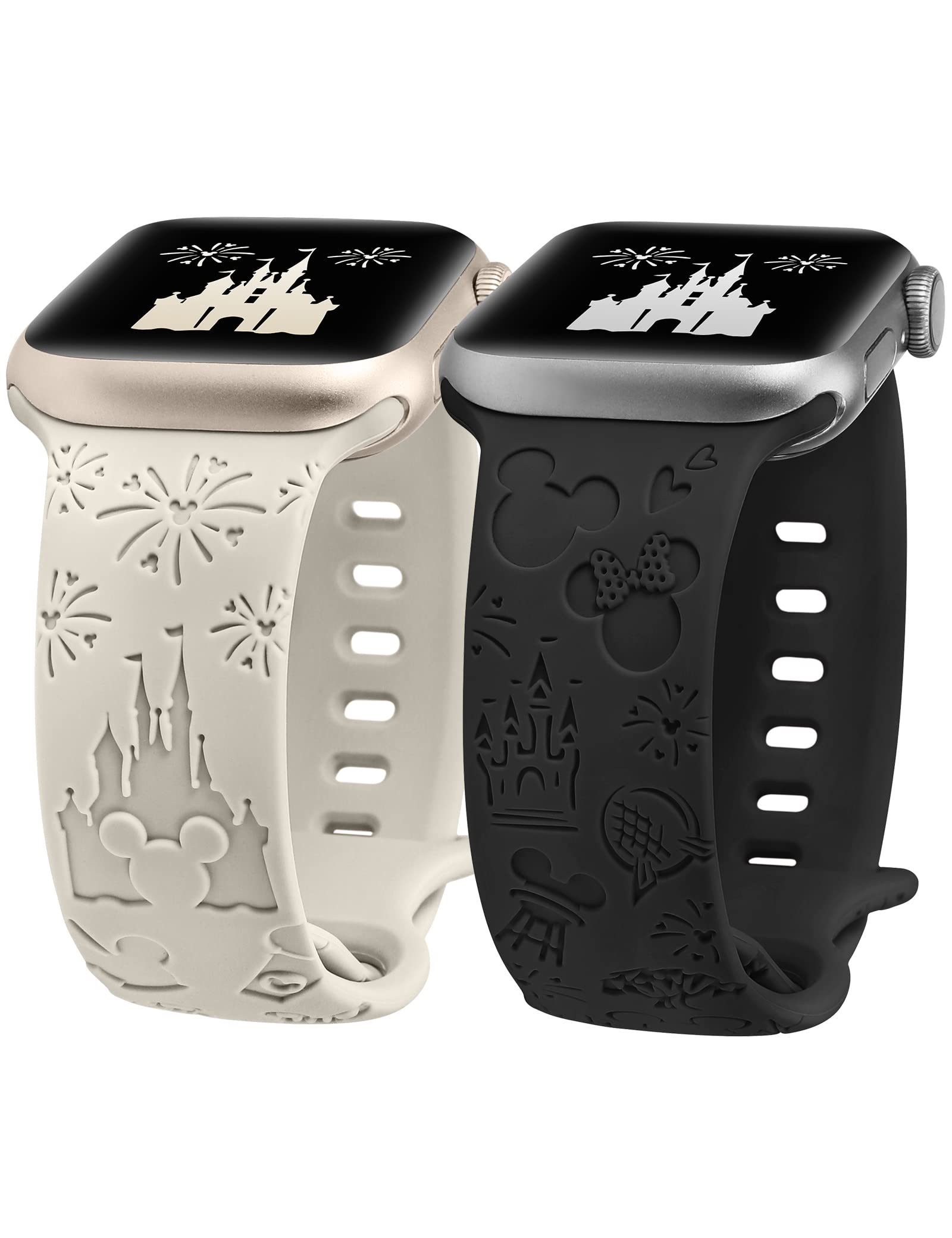 Girovo 2-Pack Cute Anime Cartoon Engraved Soft Silicone Bracelet Strap Compatible with Apple Watch 40mm 38mm 41mm 42mm for Women - iWatch Band for Series 10/9/8/7/6/5/4/3/2/1/SE/SE2 (Starlight/Black) - Perfect for Daily Wear, Workouts & Fashion Accessories