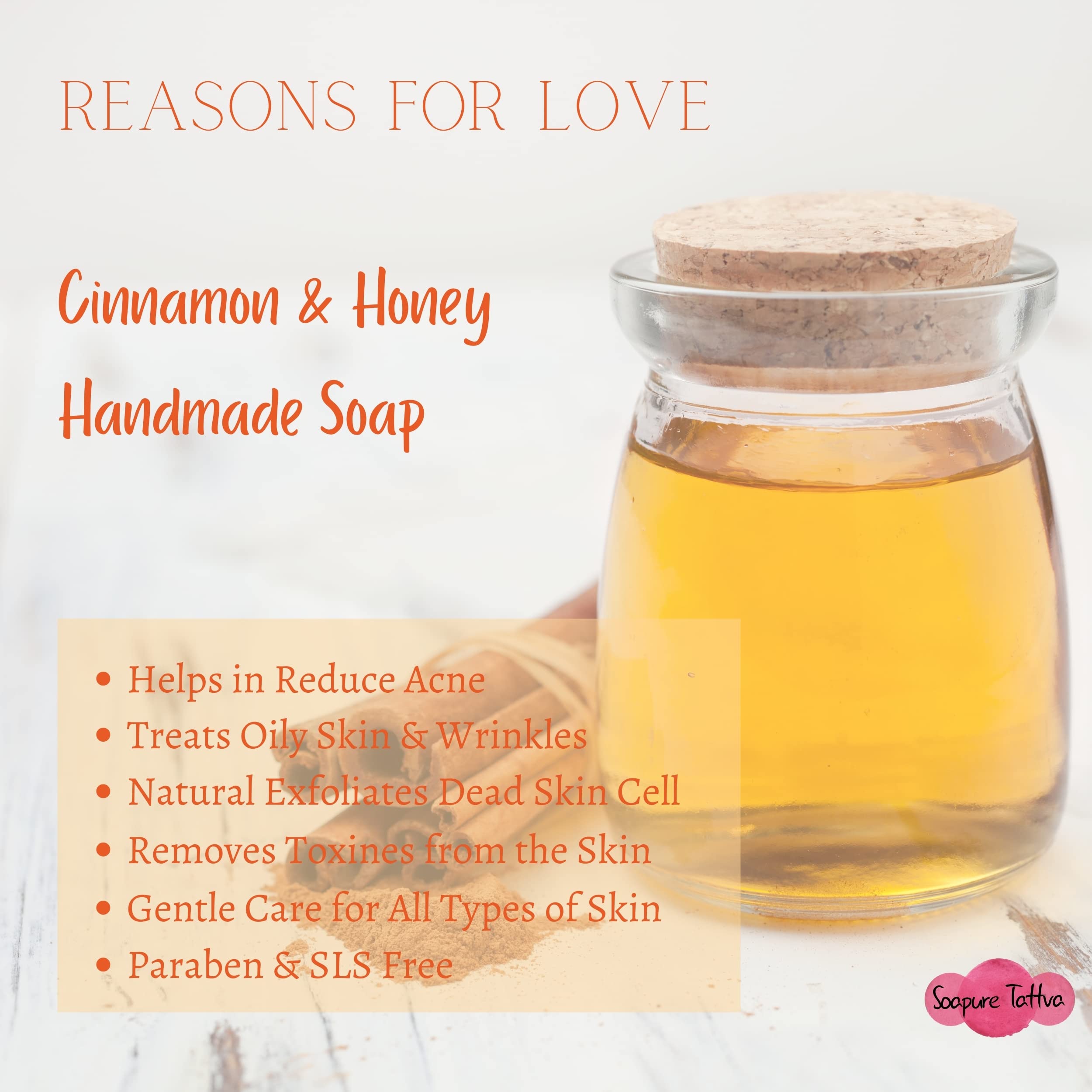 Soapure Tattva Cinnamon Honey Herbal Handmade Soap with Almond Oil - Natural Aroma for Fresh & Healthy Skin - 125g Bar Soap - Perfect for Daily Cleansing, Gift Sets & Spa Relaxation