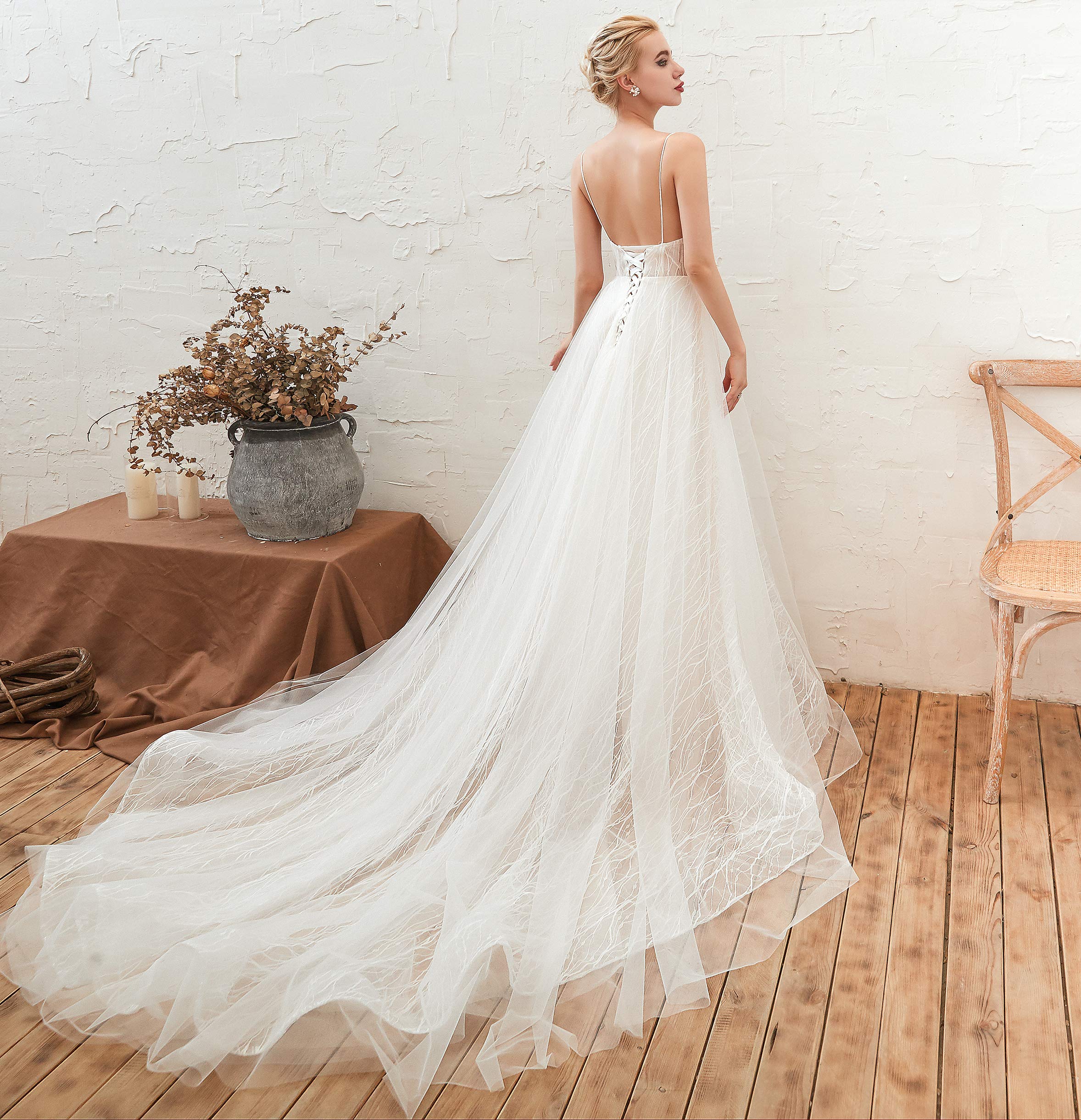 Elegant Women's V-Neck Lace Applique Backless Tulle Beach Wedding Dress - Perfect for Beach Weddings, Destination Elopements & Romantic Photoshoots