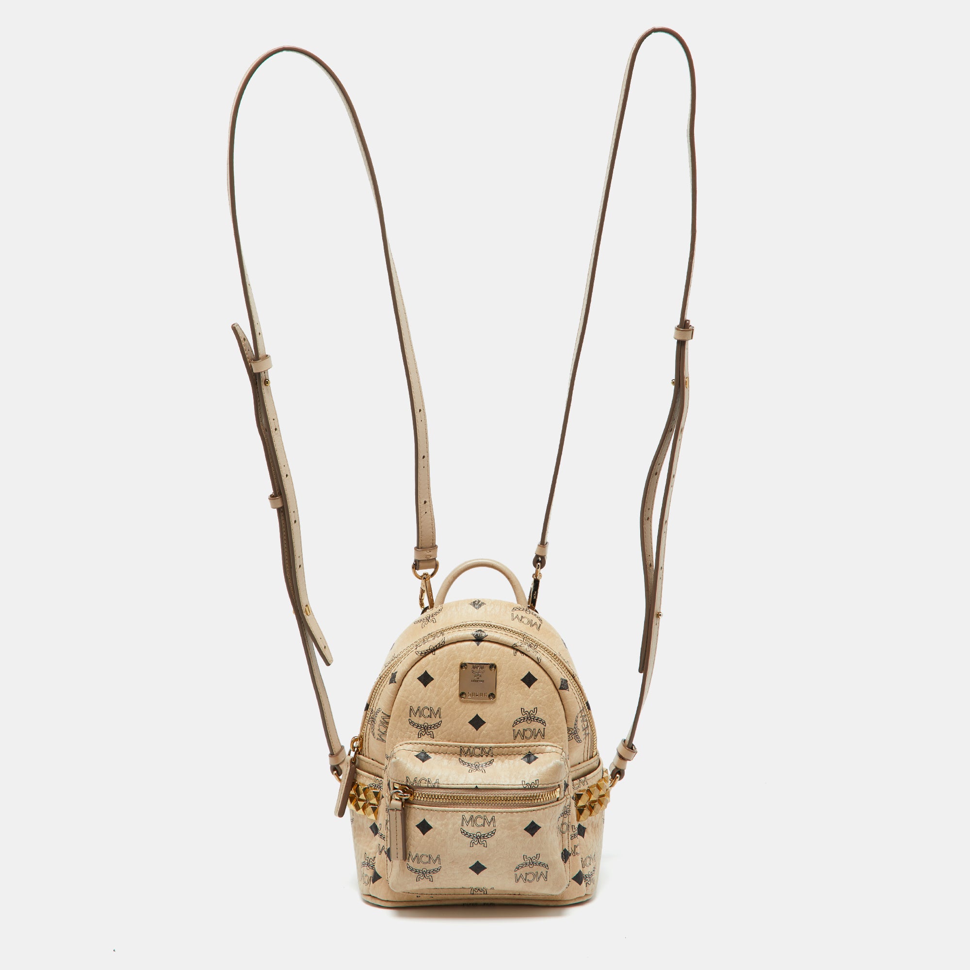 Stylish Beige Visetos Coated Canvas & Leather Mini Studded Backpack for Women | Trendy Bebe Boo Design | Perfect for School, Travel & Everyday Use