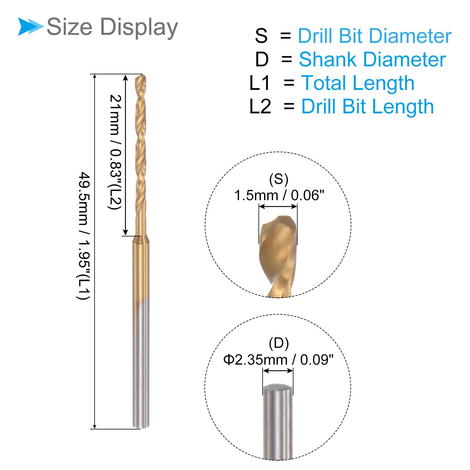 Titanium Coated Mini Drill Bit Set - 1.5mm Drill Diameter & 2.35mm Shank Diameter for Precision Engraving | Perfect for Plastic, Woodworking, Jewelry Making & DIY Crafts | 6-Piece Micro Drill Bits
