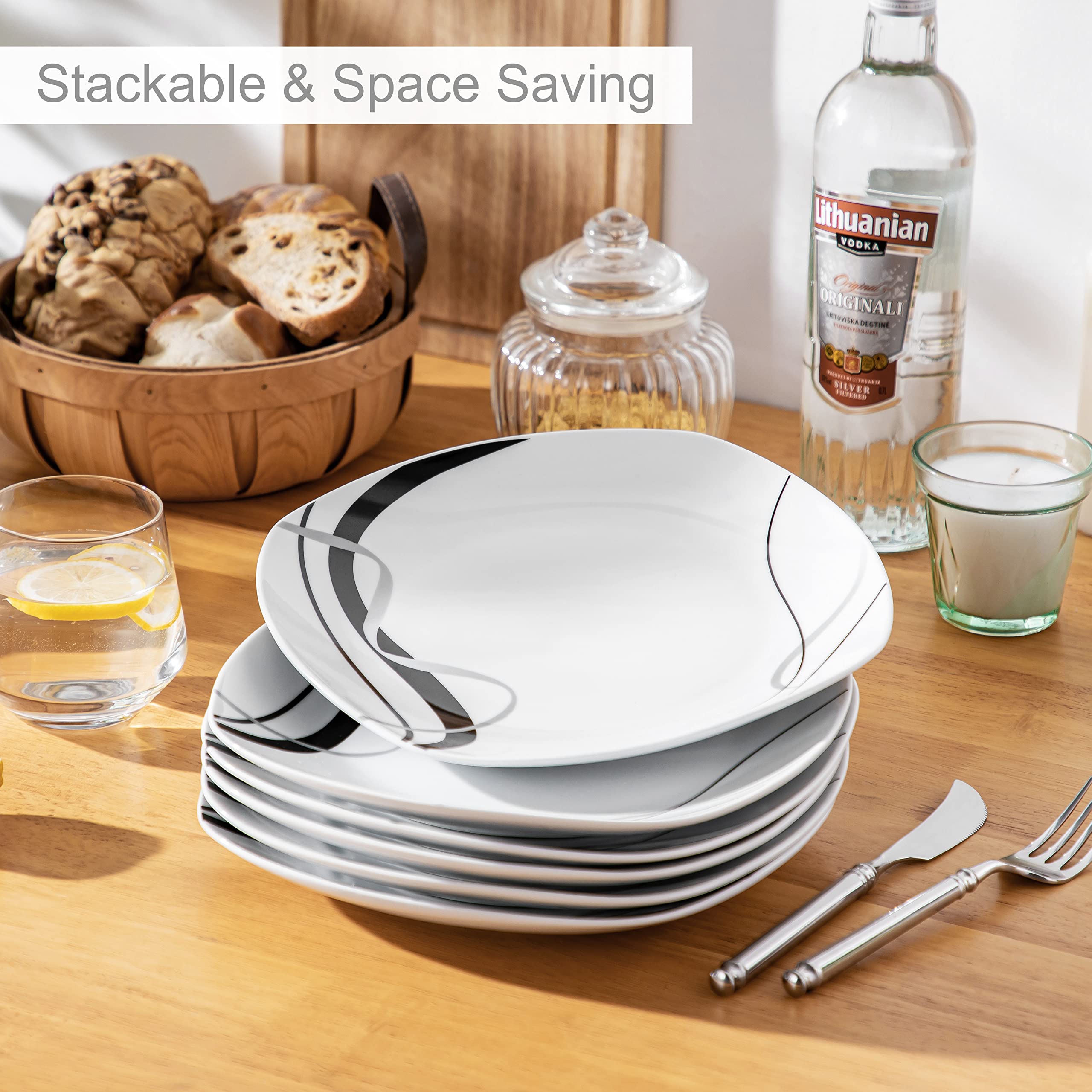 VEWEET 9.8 Inch Square Ceramic Dinner Plates Set of 6 - Microwave & Dishwasher Safe Porcelain Dishes for Salad, Pasta, Appetizers - Elegant Fiona Series for Home Dining, Parties & Restaurants
