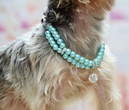 Luxury 2 Row Pearls Rhinestone Pet Collar Necklace with Crystal Ball Charm - Sparkling Jewelry for Small Dogs & Cats - Perfect for Chihuahua, Yorkie, Puppy & Female Pets - Adjustable 12-14 Inch (Blue) - Ideal for Parties, Photo Shoots & Special Occasions