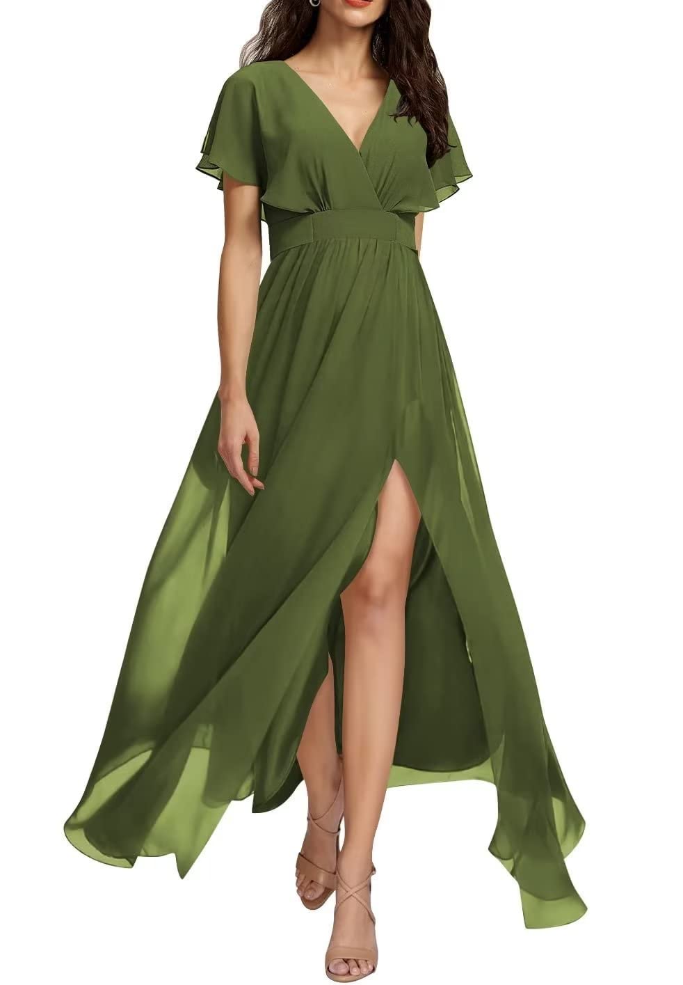 Elegant Olive Green Chiffon Bridesmaid Dress with Ruffle Sleeves & Thigh Slit - Plus Size V-Neck A-Line Formal Gown for Wedding Guest (Size 16W) | Perfect for Bridal Party, Evening Galas, and Special Occasions