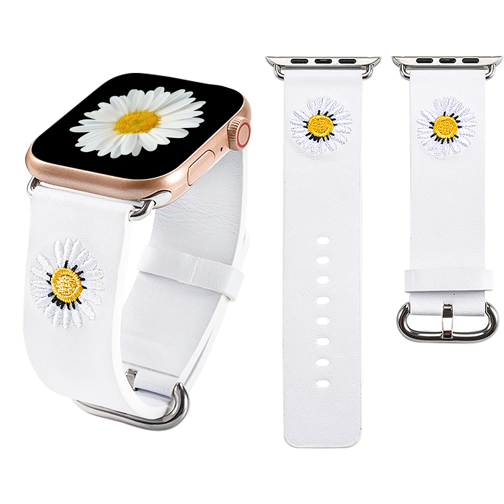 Floral Daisy Leather Apple Watch Band for Women - Boho Embroidery Strap Compatible with iWatch Series 8/SE/7/6/5/4/3/2/1 (38mm/40mm/41mm/42mm/44mm/45mm/49mm Ultra) - Perfect for Casual Wear, Office & Boho Fashion Accessories