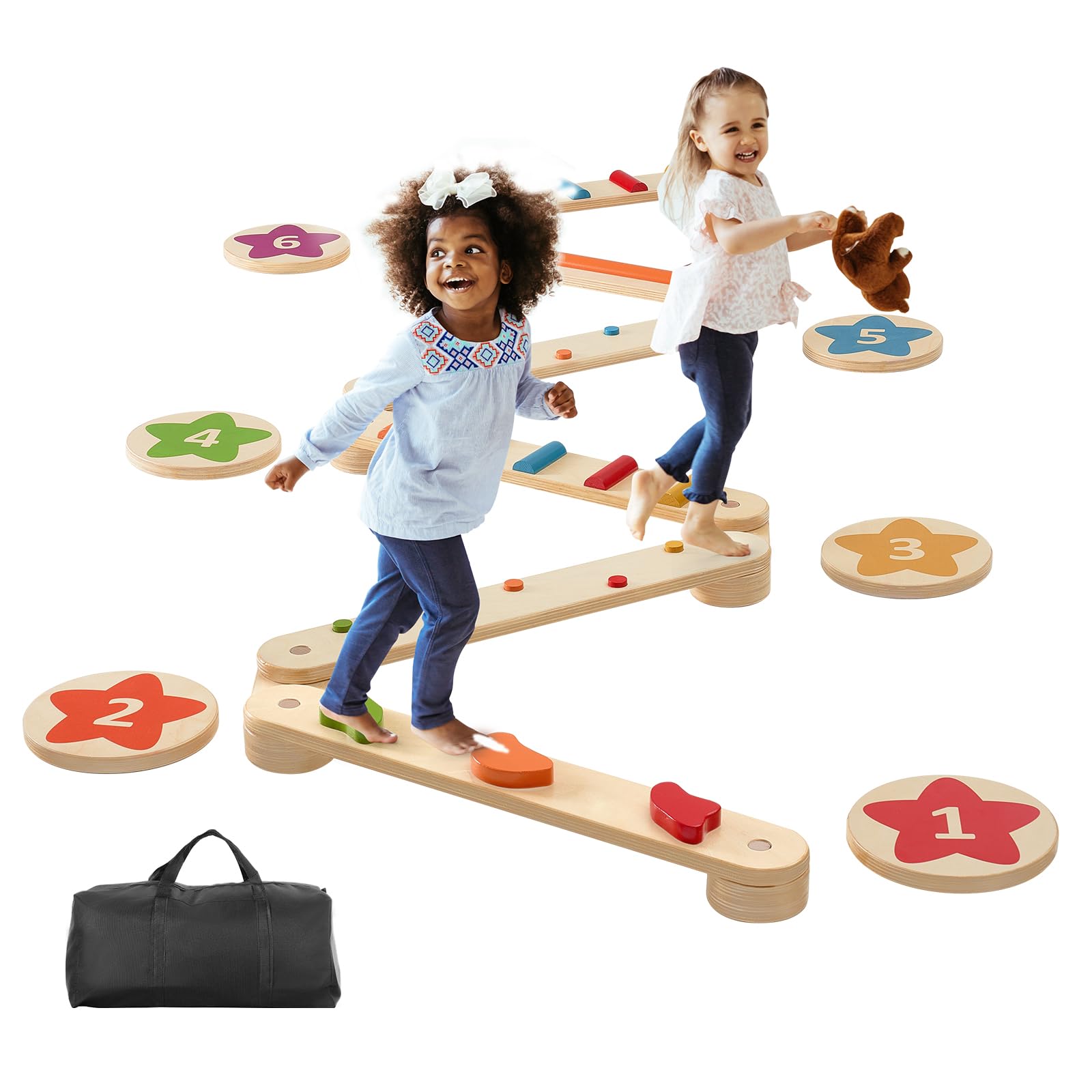 VEVOR Wooden Balance Beam Stepping Stones - 6 PCS Montessori Toys for Toddlers Age 2-6 | Improve Coordination & Gross Motor Skills | Indoor/Outdoor Gymnastics Obstacle Course for Boys & Girls | Perfect for Playrooms, Backyards & Preschool Activities