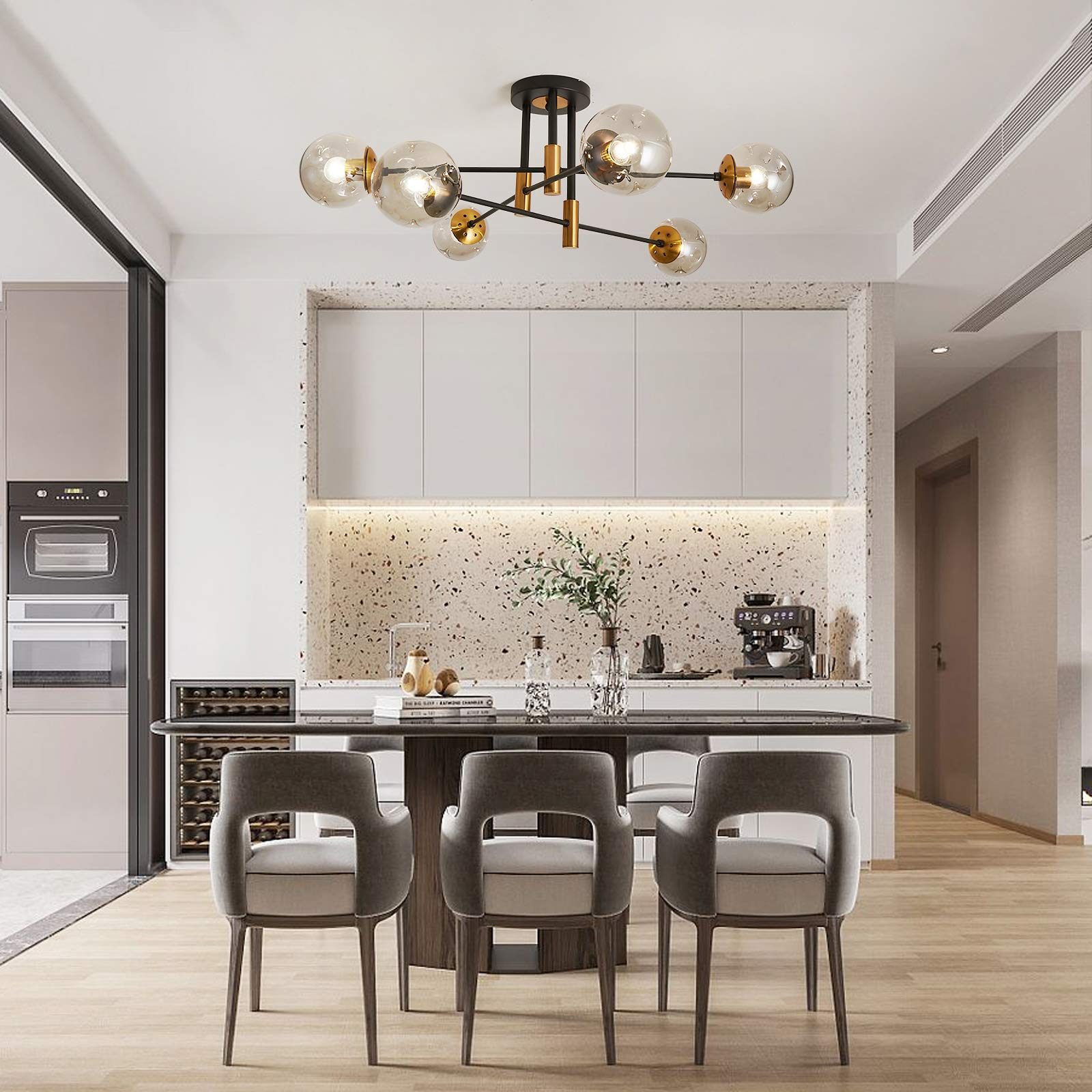 Modern 6-Light Glass Chandelier - Farmhouse Flush Mount Ceiling Light for Dining Room & Living Room