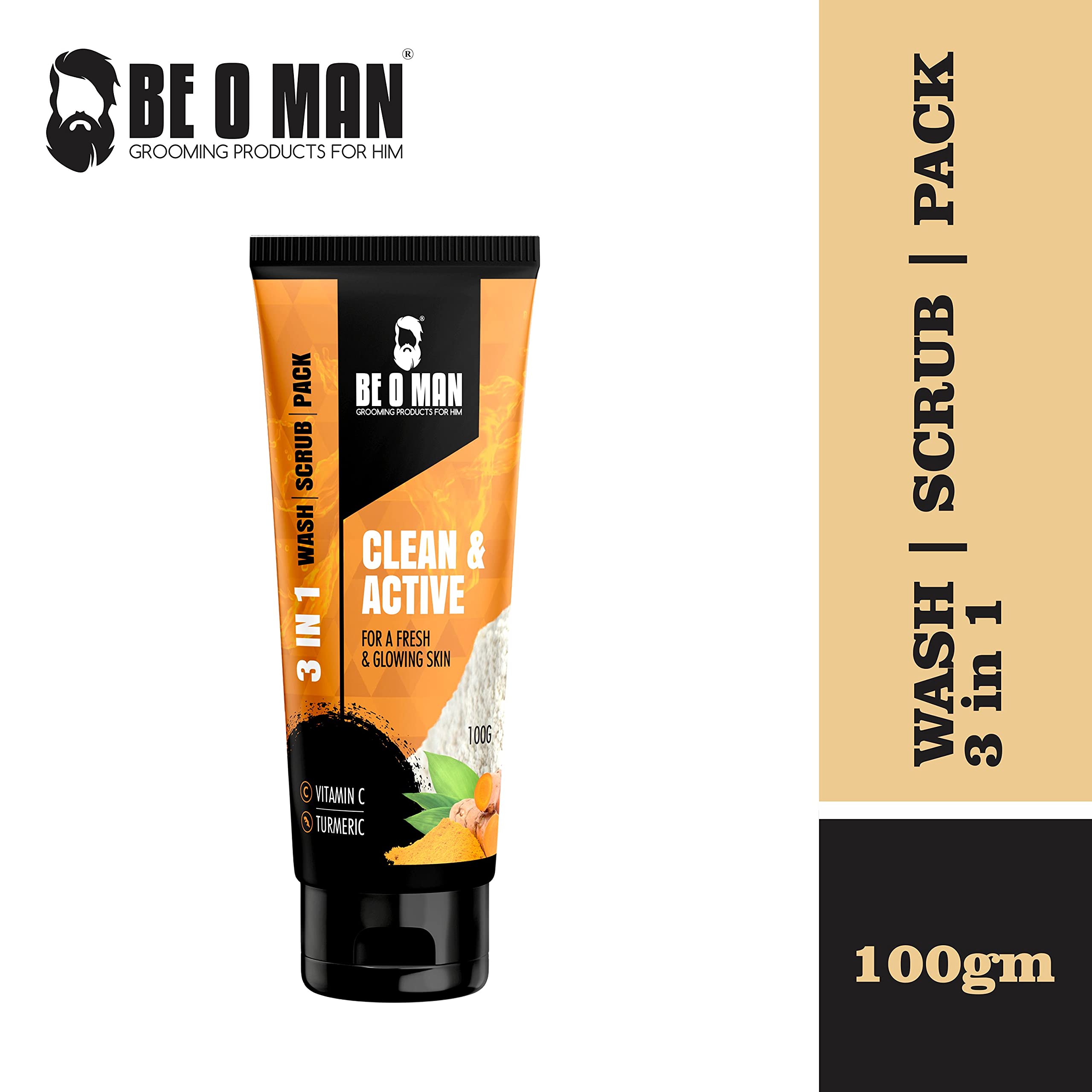 Beoman 3-in-1 Face Wash Scrub & Mask for Men - Vitamin C, Turmeric & Charcoal Cleanser (100g) | Deep Pore Cleansing, Exfoliating & Brightening | Removes Dirt, Oil & Impurities for Healthier Glowing Skin | Perfect for Daily Skincare & Post-Workout Refresh