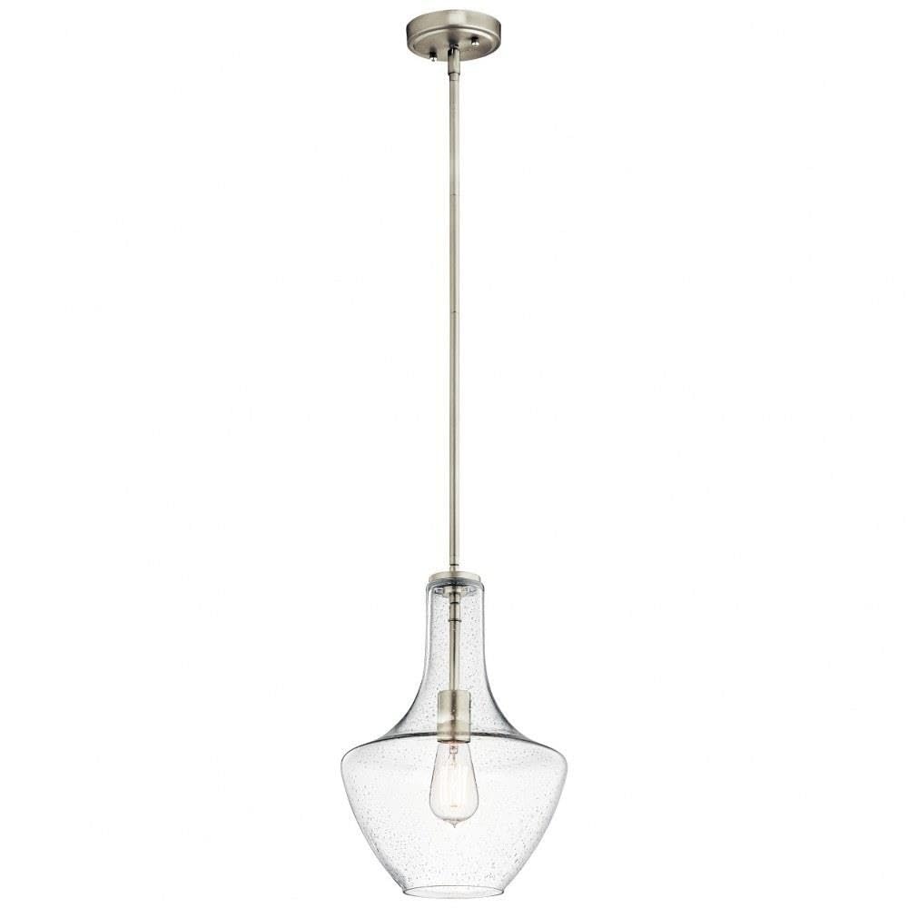 1 Light Contemporary Large Bell Shade Pendant Light Fixture with Clear Seeded Glass & Brushed Nickel Finish - Perfect for Dining Room, Kitchen Island or Entryway Lighting
